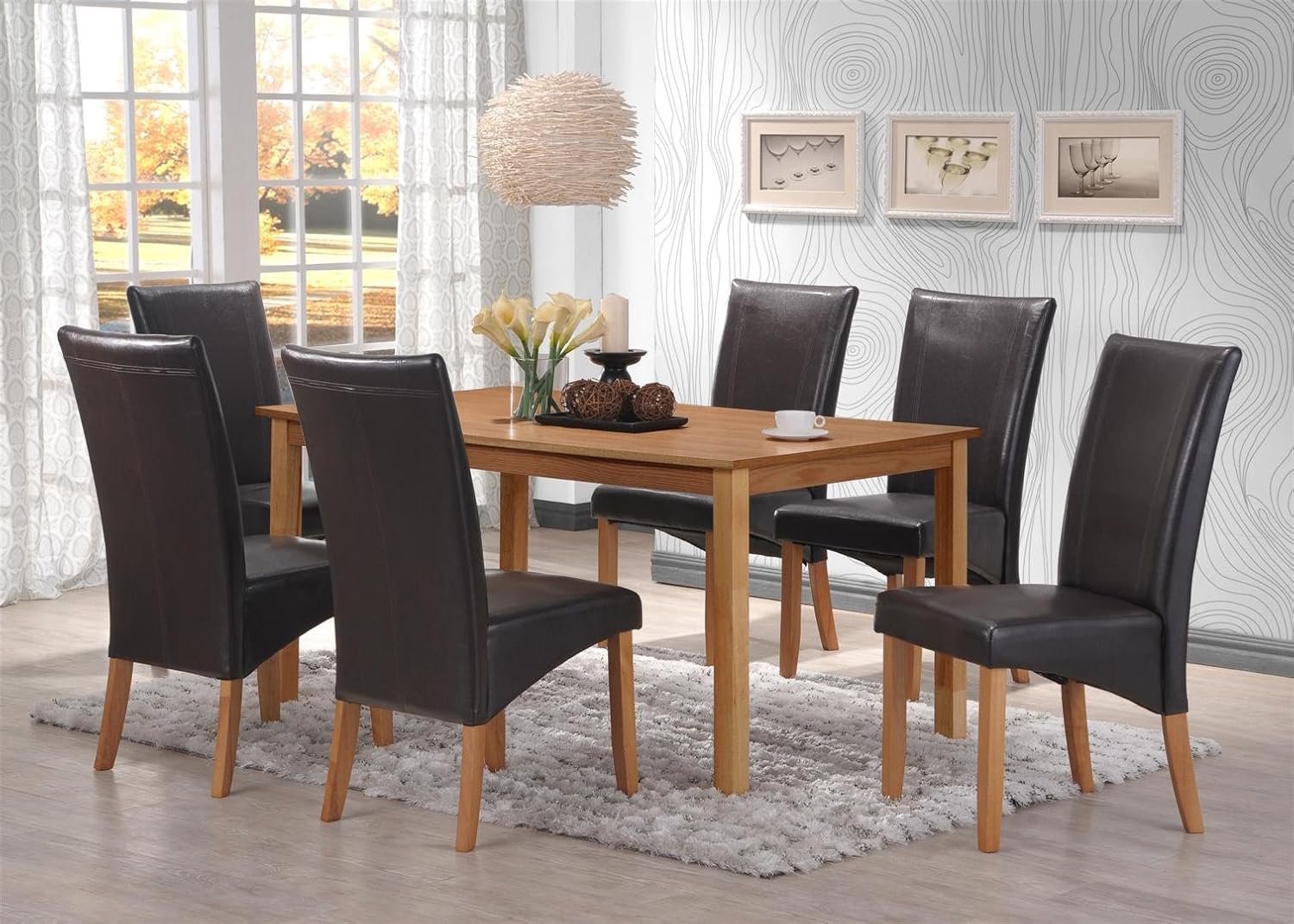 Windsor Oak Dining Table and 6 Black High Back faux leather chairs