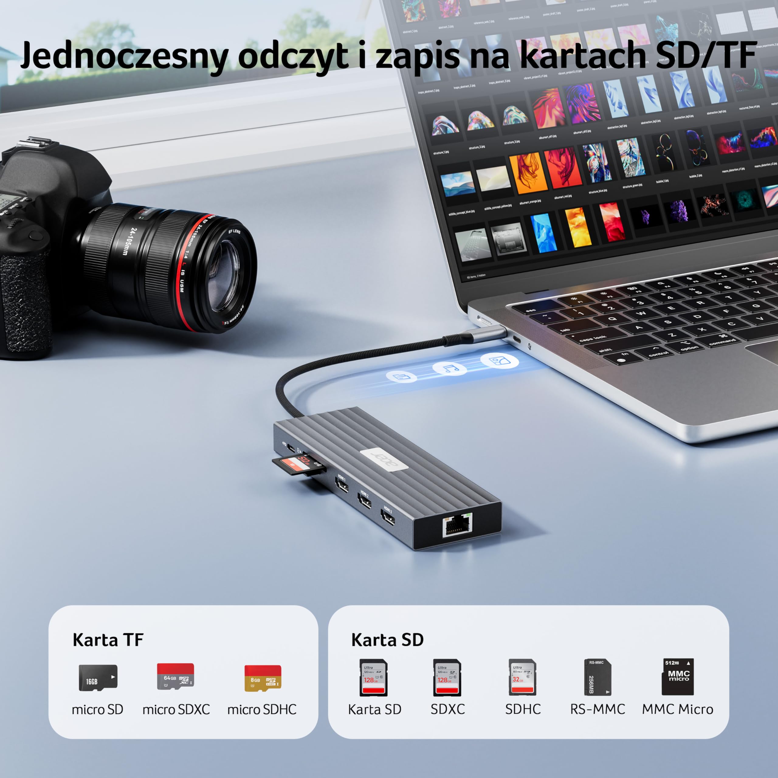 Acer Stacja dokująca USB C 3 HDMI 4K@60Hz, 13w1 Hub z trzema wyświetlaczami z 10Gbps USB-A+2C, 5Gbps USB-A, Ethernet 1Gbps, 100W PD, czytnikiem kart SD/TF, do Surface, MacBook Pro, Dell, Laptop itp.