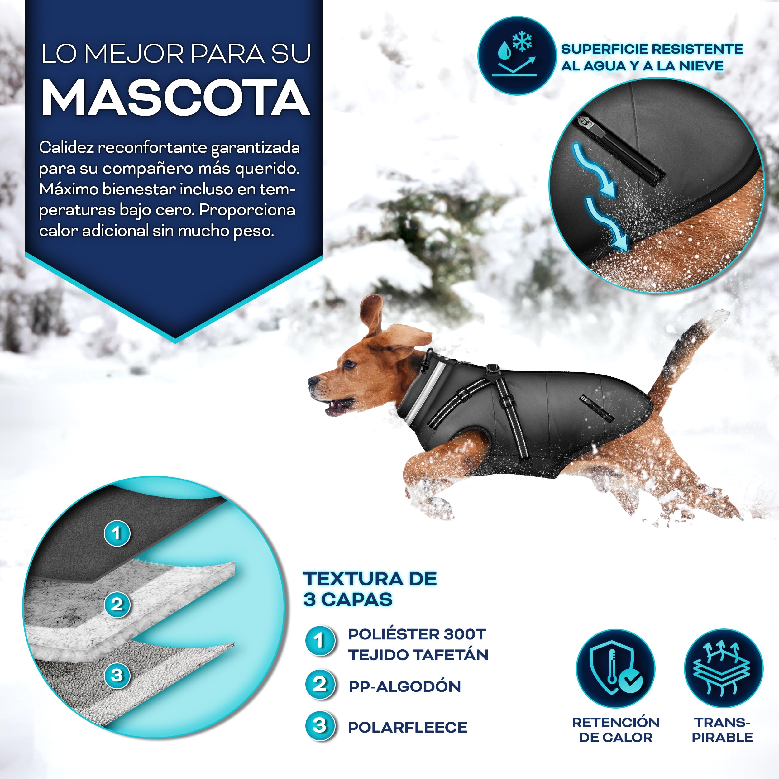 TRESKO® Chaqueta de invierno para perro con reflectores con 15 bolsas para excrementos + dispensador | Abrigo impermeable para perros | Abrigo para perros con arnés | Chaleco de invierno para perros pequeños, medianos y grandes