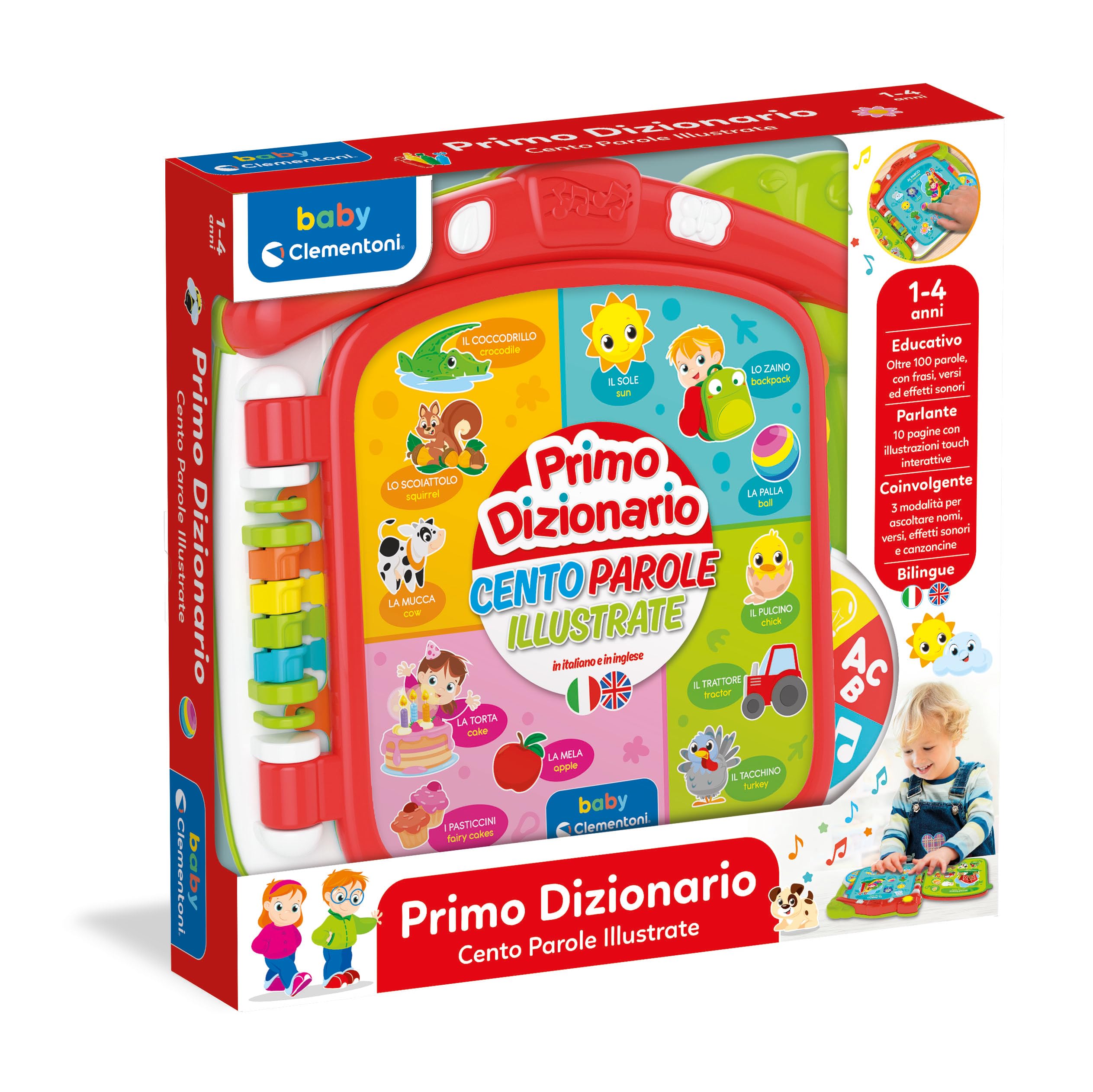 Clementoni Baby Discover the world in 100 worlds - interactive book 1 year electronic speaking, edukacyjna dwujęzyczna książka dla dzieci, dwujęzyczny dźwięk dotykowy, nauka włoskiego i angielskiego,
