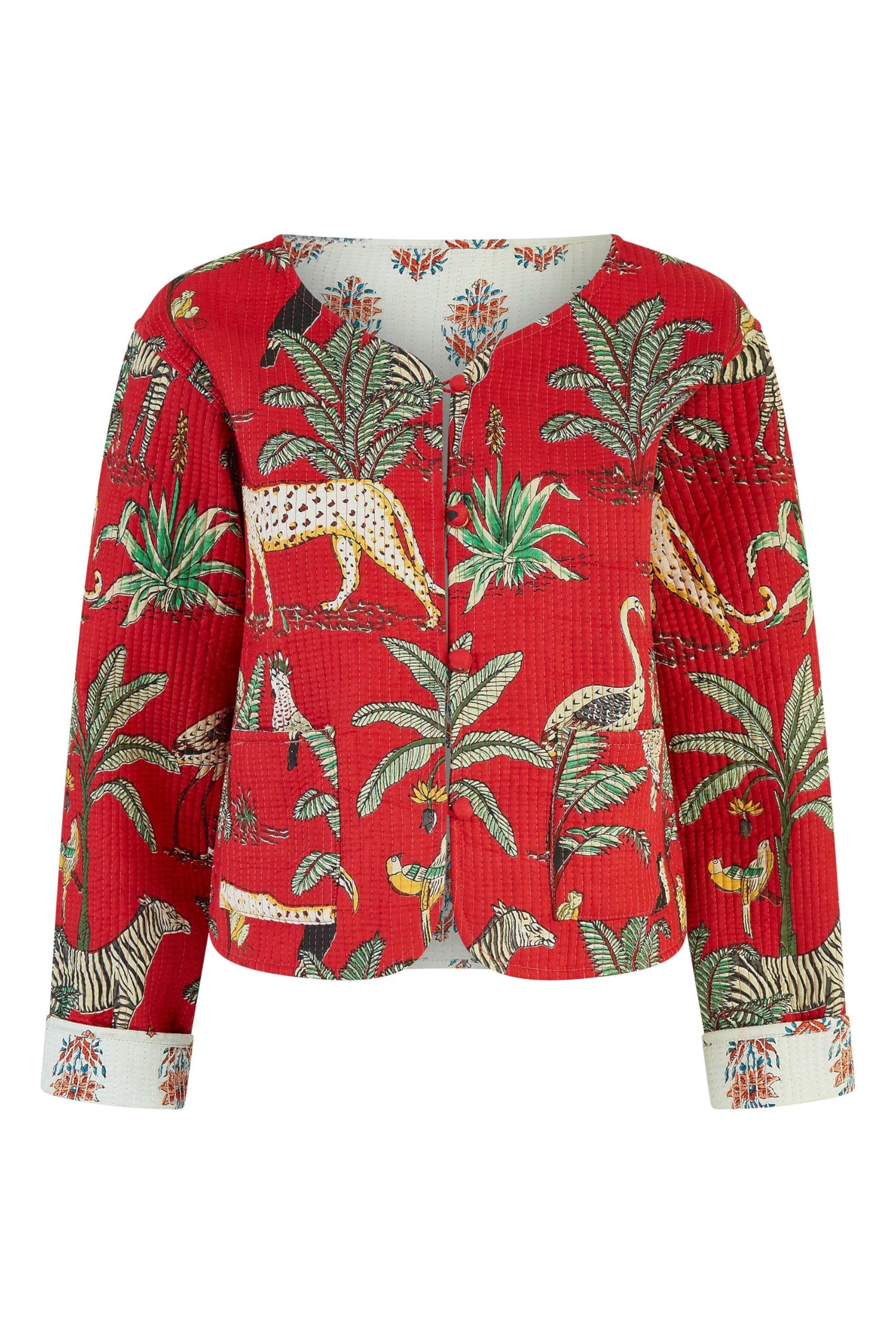 Yumi Red Animal Print Reversible Cotton Cropped Quilted Jacket 14 Red