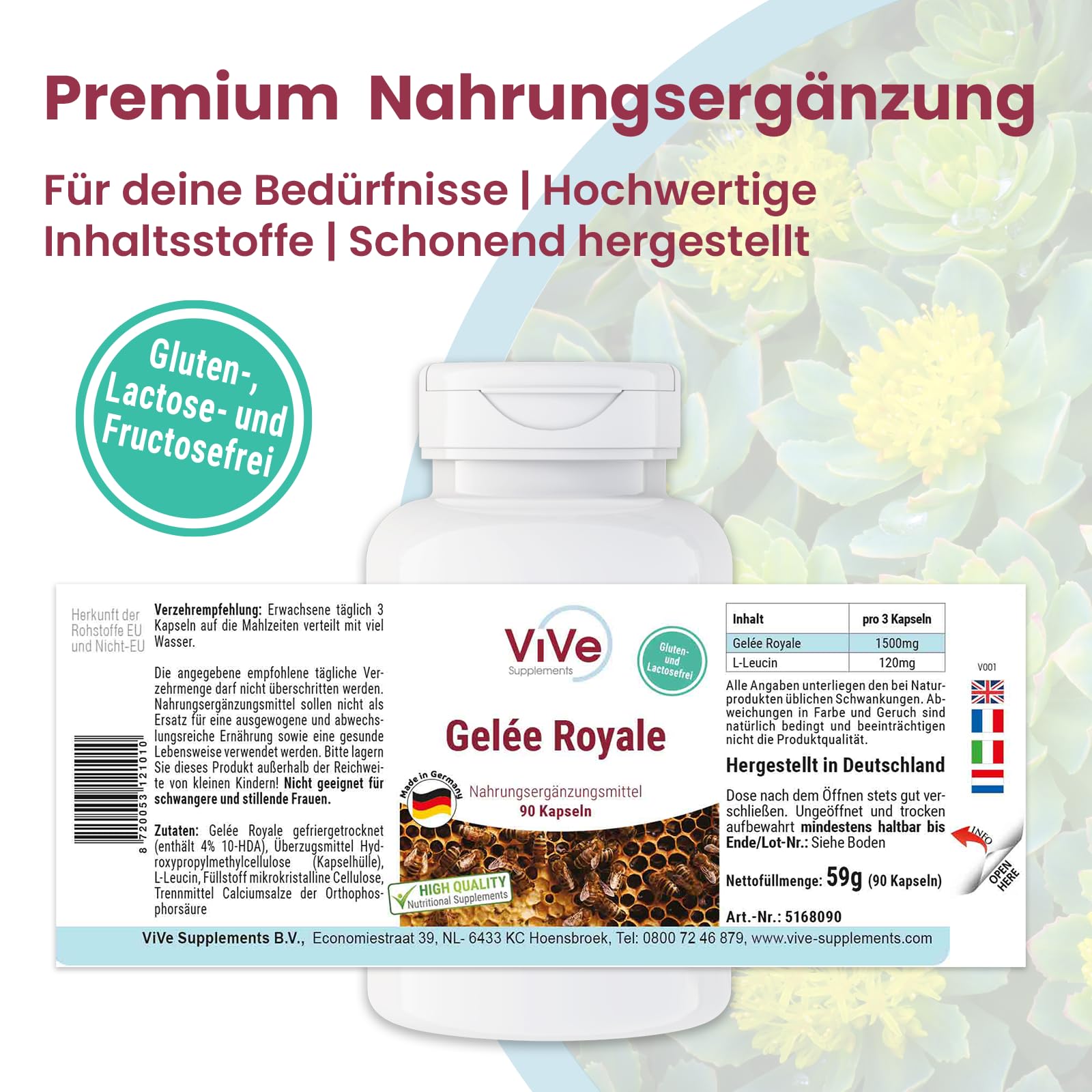 Gelée Royale 500mg - 90 Kapseln - schluckfreundlich - Standardisiert auf 4% 10-HDA - Hochwertige Qualität nach ISO-Norm - Schonend gefriergetrocknet | Qualität aus Deutschland von ViVe Supplements