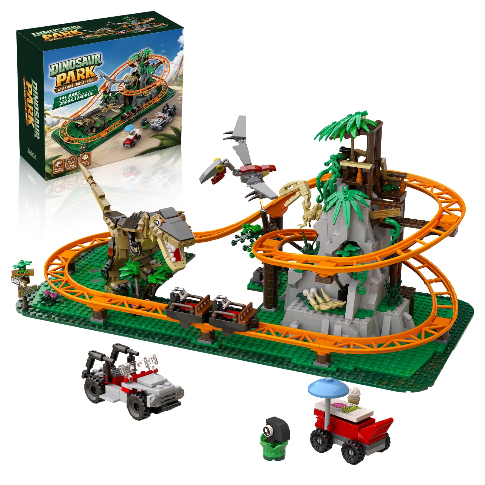 VZO Dinosaur Roller Coaster Building Set, 1240 PCS Dinosaur Track Building Blocks With T-Rex, Pterosaur, Explorer Car, Collectible Diorama Model Gift For Teens Adults Dino Fans Ages 14+