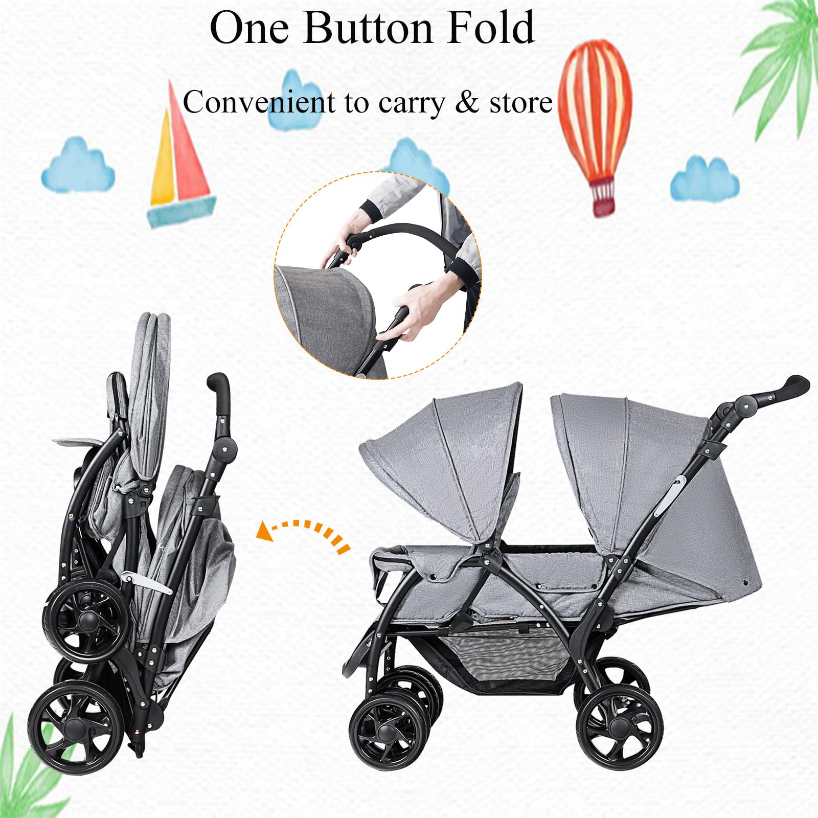 LIFEZEAL Faltbarer Doppelkinderwagen für Zwillinge 2-Sitzer mit verstellbarer Rückenlehne, Bremsen, Belastung 15+15 kg Grau