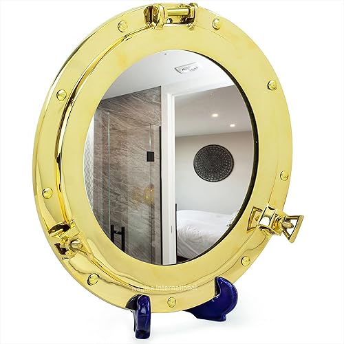 Miniatura 6 de Espejo con marco de ojo de buey pulido de latón macizo de 12 pulgadas, ideas de decoración para colgar en la pared del baño, hermosas esculturas