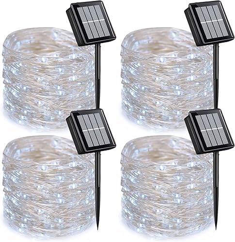QITONG Paquete de 4 luces solares blancas, cada cadena de 100 luces LED de 33 pies para exteriores, impermeable, 8 modos de luces solares