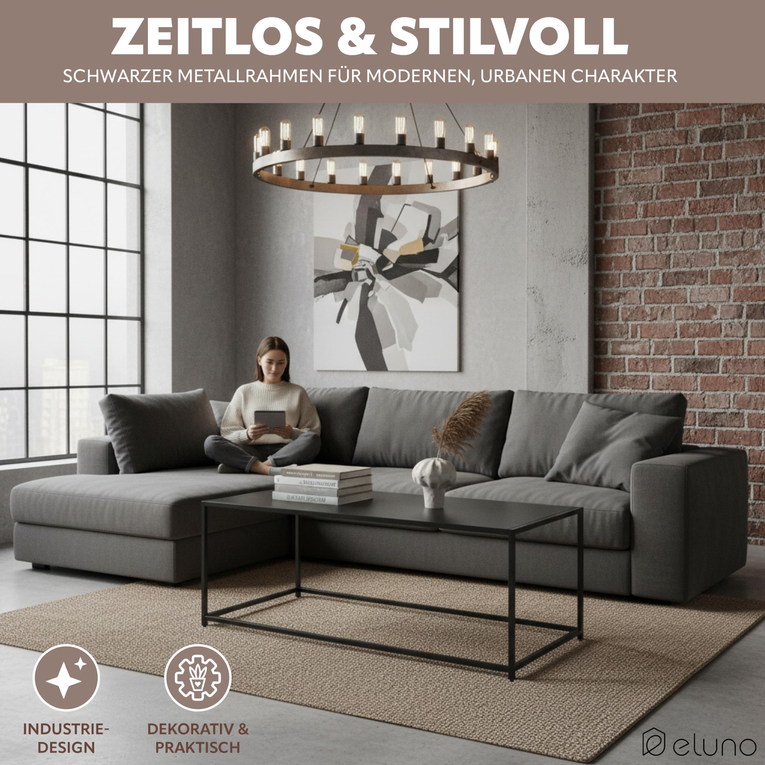 eluno Couchtisch, Wohnzimmertisch, Beistelltisch im modernen Industrie-Design - für viele Wohnbereiche geeignet, Pflegeleichte und Kratzfeste Oberfläche, aus schwarzem Metall 110 x 41 x 50 cm