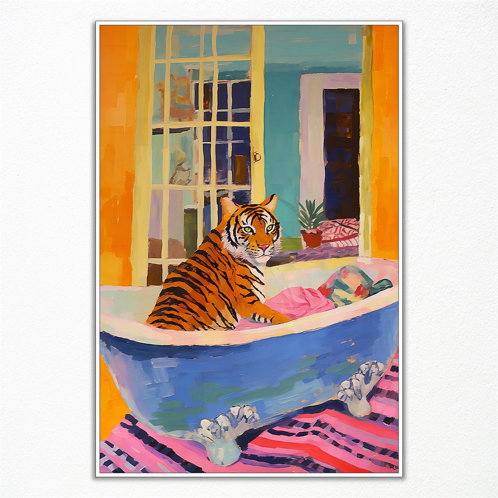Prinajssiad Tiger 03 Tiger Canvas Wall Art In Bathtub Print, Pink Kitsch Bathroom Aesthetic Poster, Funny Animal Wall Art, Maximalist Dopamine Picture Print For Restroom Wall 12X16in Unframed