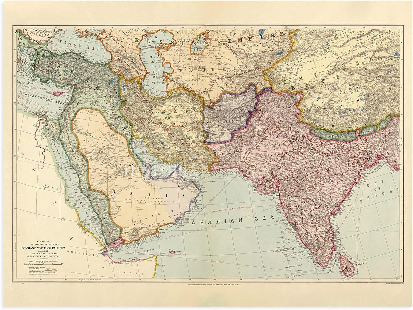 HISTORIX Vintage 1912 Middle East Map - 18x24 Inch Vintage Map of Countries Between Constantinople & Calcutta - Old Map of Turkey in Asia Persia Afghanistan & Turkestan - India South Asia Map History