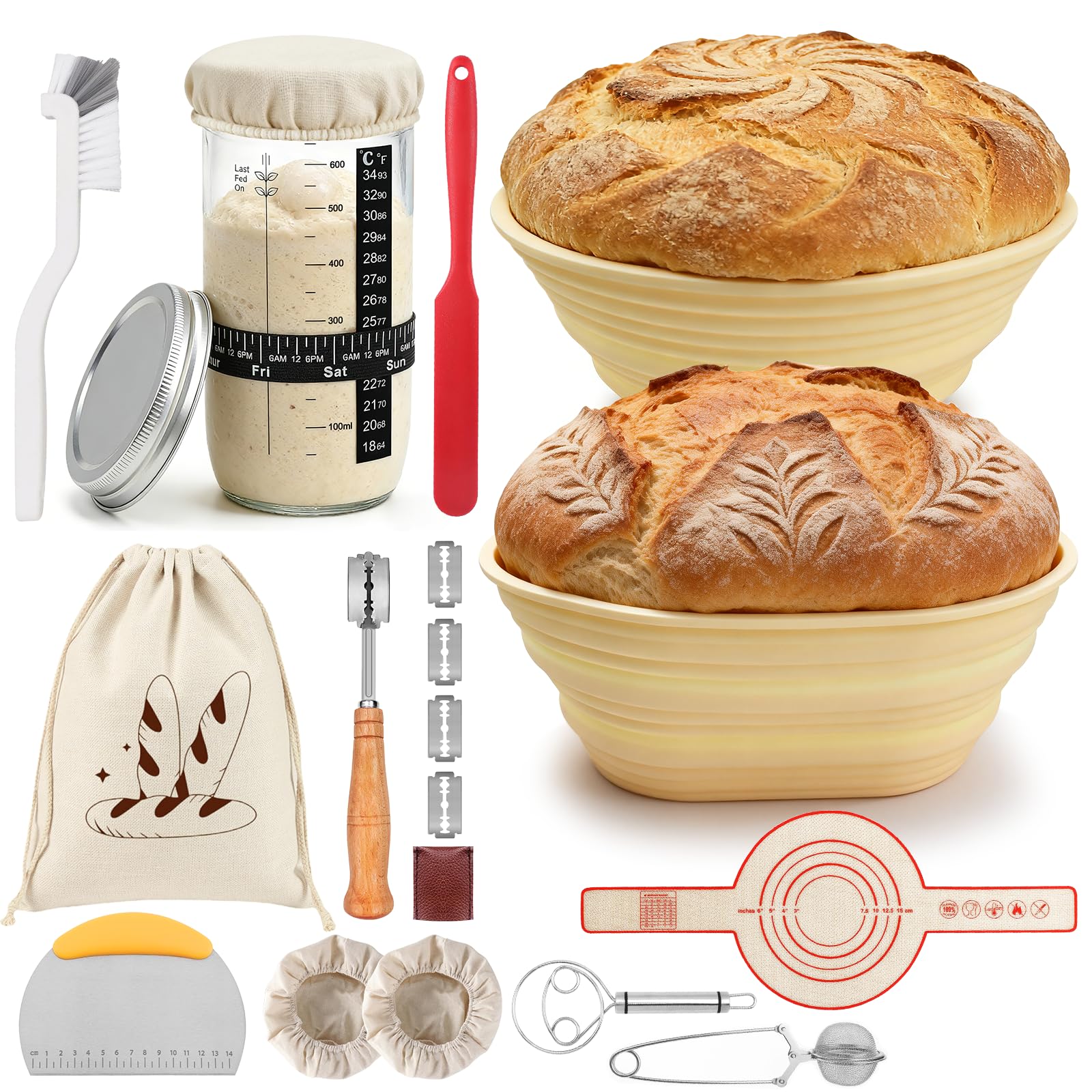Set di 16 cestini di lievitazione per lievitazione naturale, pieghevoli in silicone, rotondi e ovali, 25 cm e 23 cm, con vetro lievitato, per panettieri professionali e casalinghi