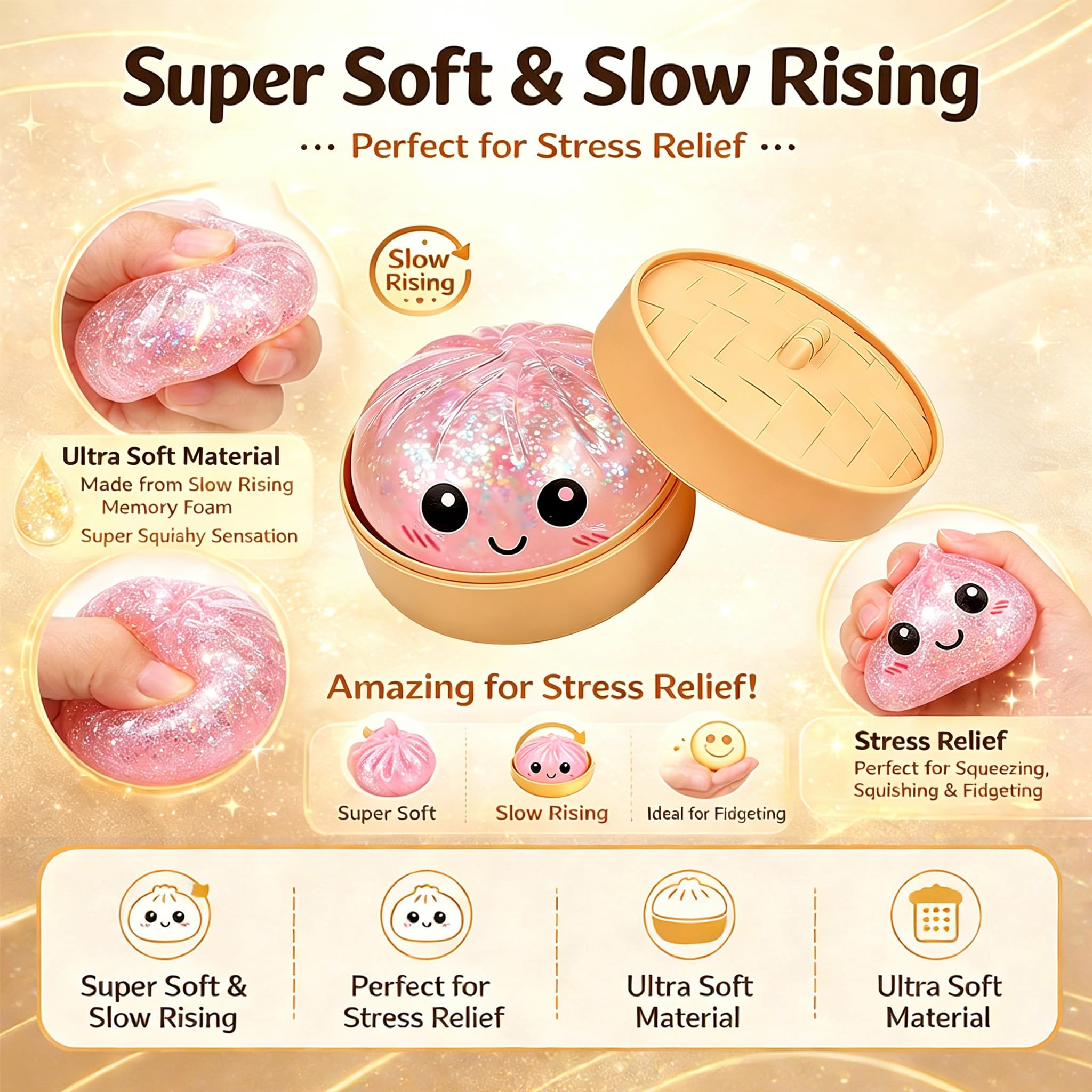 2026 New Pink Glitter Dumpling Squishy, Slow Rising Stress Relief Fidget for Adults, Soft Sensory Squeeze for Anxiety Relief, Office Desk Decor and Stress Buster, Party Favor Gift — view 6