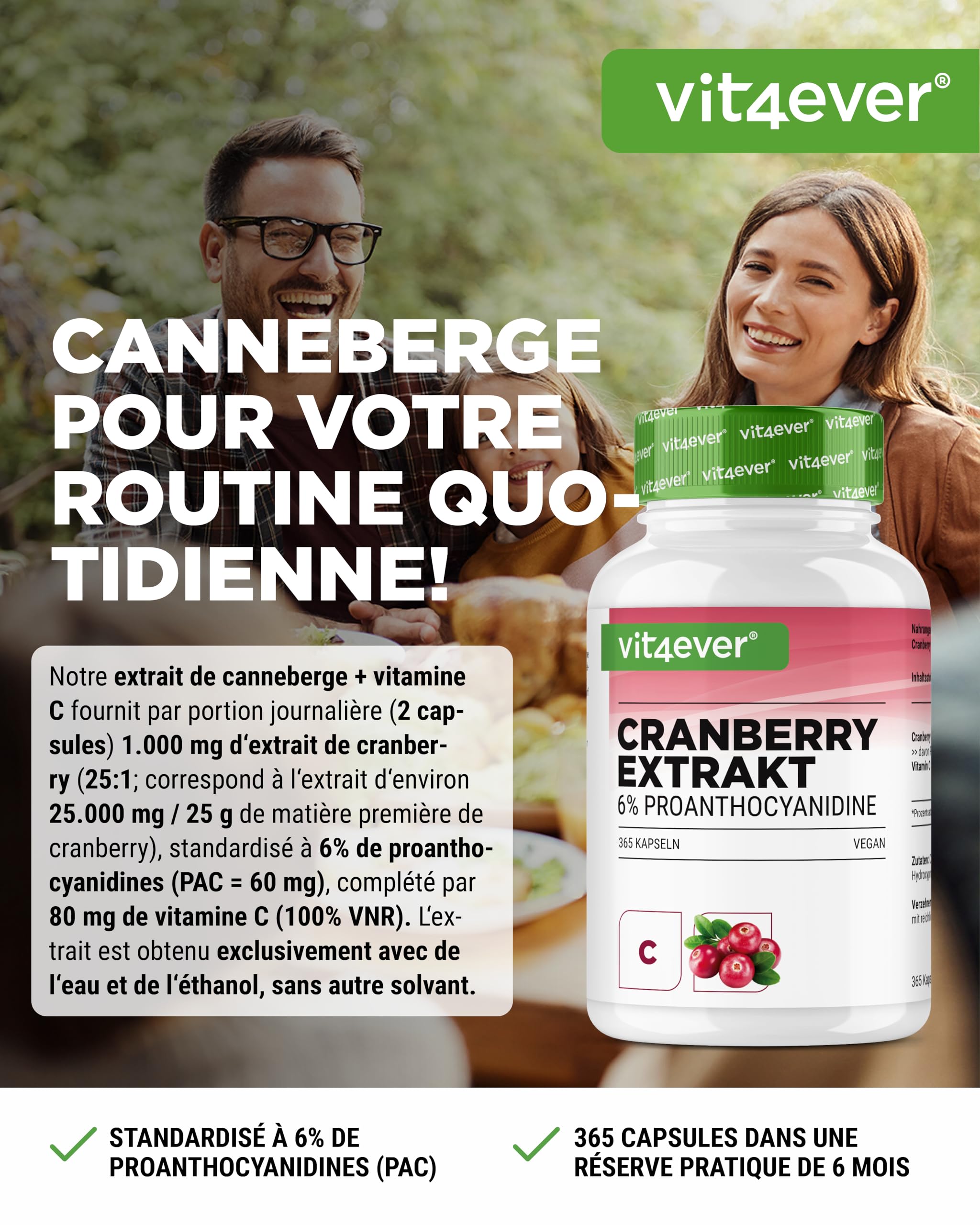 Extrait de canneberge + Vitamine C – 365 gélules de canneberge – Extrait 25:1, équivalent à 25.000 mg – 6% proanthocyanidines – Hautement dosé, sans additifs indésirables, végan