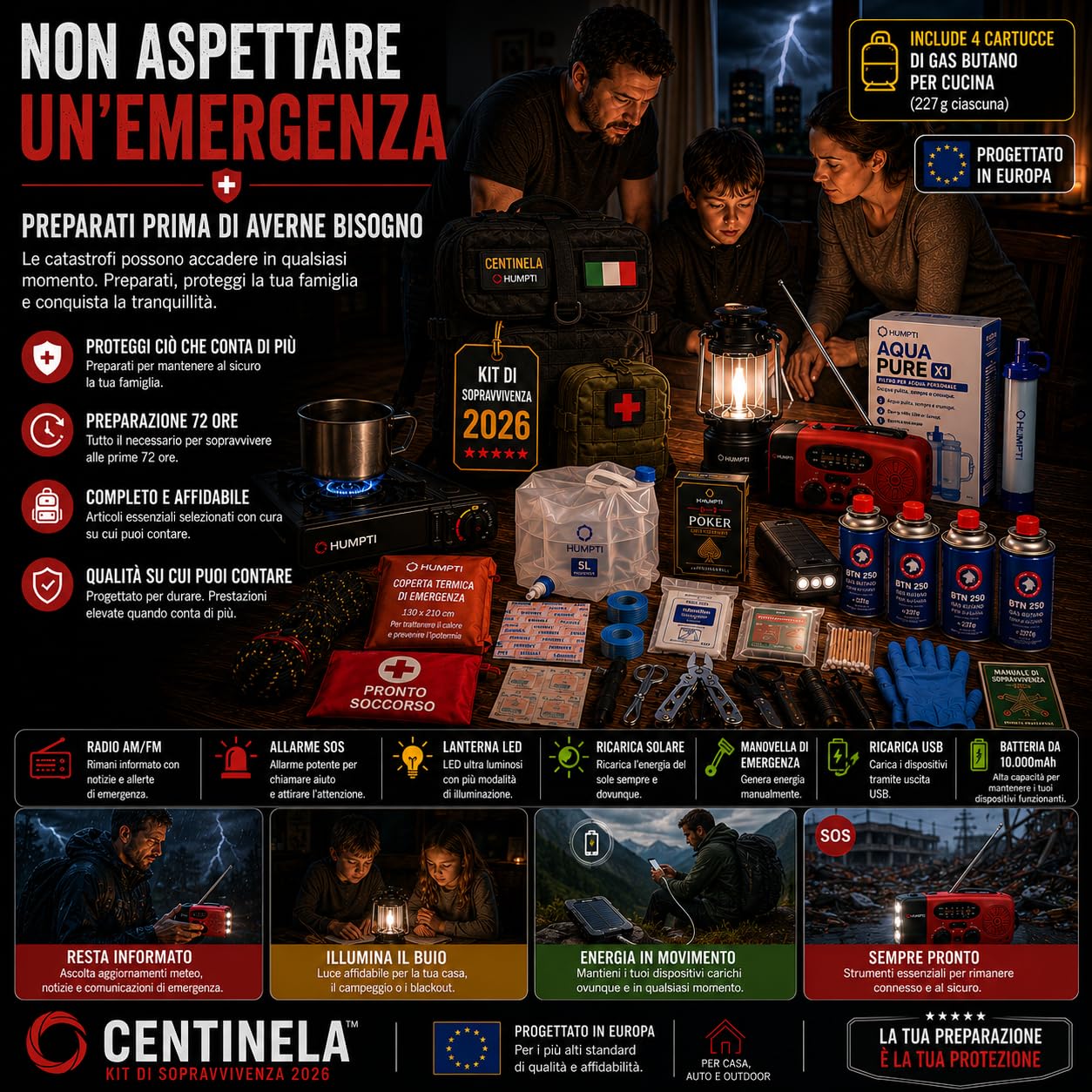 Kit di sopravvivenza completo 2026, zaino emergenza 72 ore per casa e campeggio, con radio solare, fornello da campeggio a gas portatile, 3 lampade, kit di primo soccorso, paracord e coperta termica