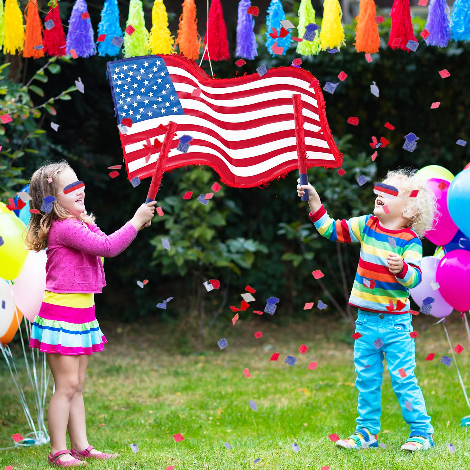 Quera Piñata con diseño de bandera patriótica americana para el Día de los Caídos, Día de la Independencia, suministros de fiesta del 4 de julio, decoraciones al aire libre, color rojo, blanco y azul,