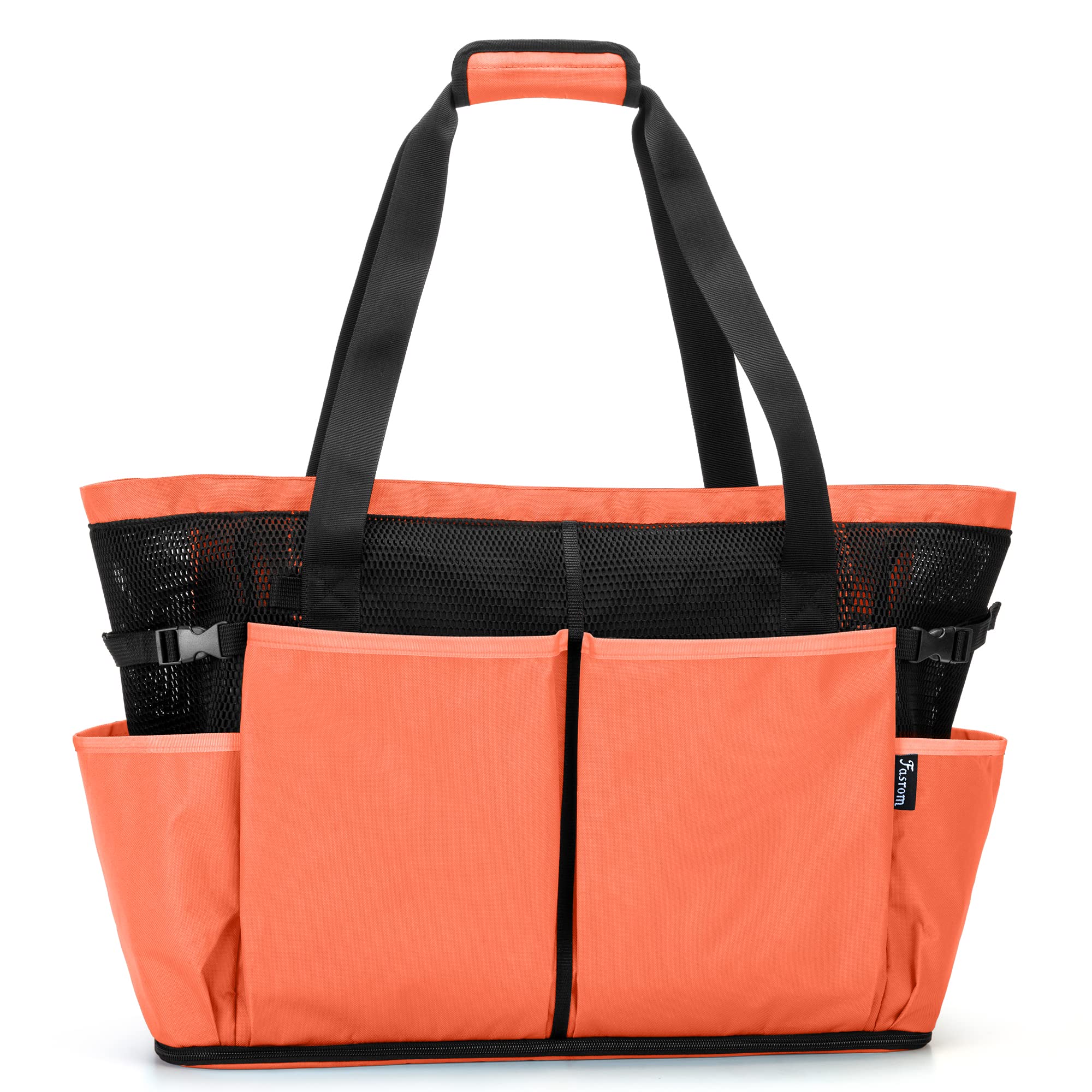 Fasrom Bolsa de Playa de Malla Extra Grande con Cremallera, Naranja | Apertura Inferior Sacude Arena, Bolsillo Impermeable, 6 Bolsillos, Correas Acolchadas, Bolsa Gran Tamano