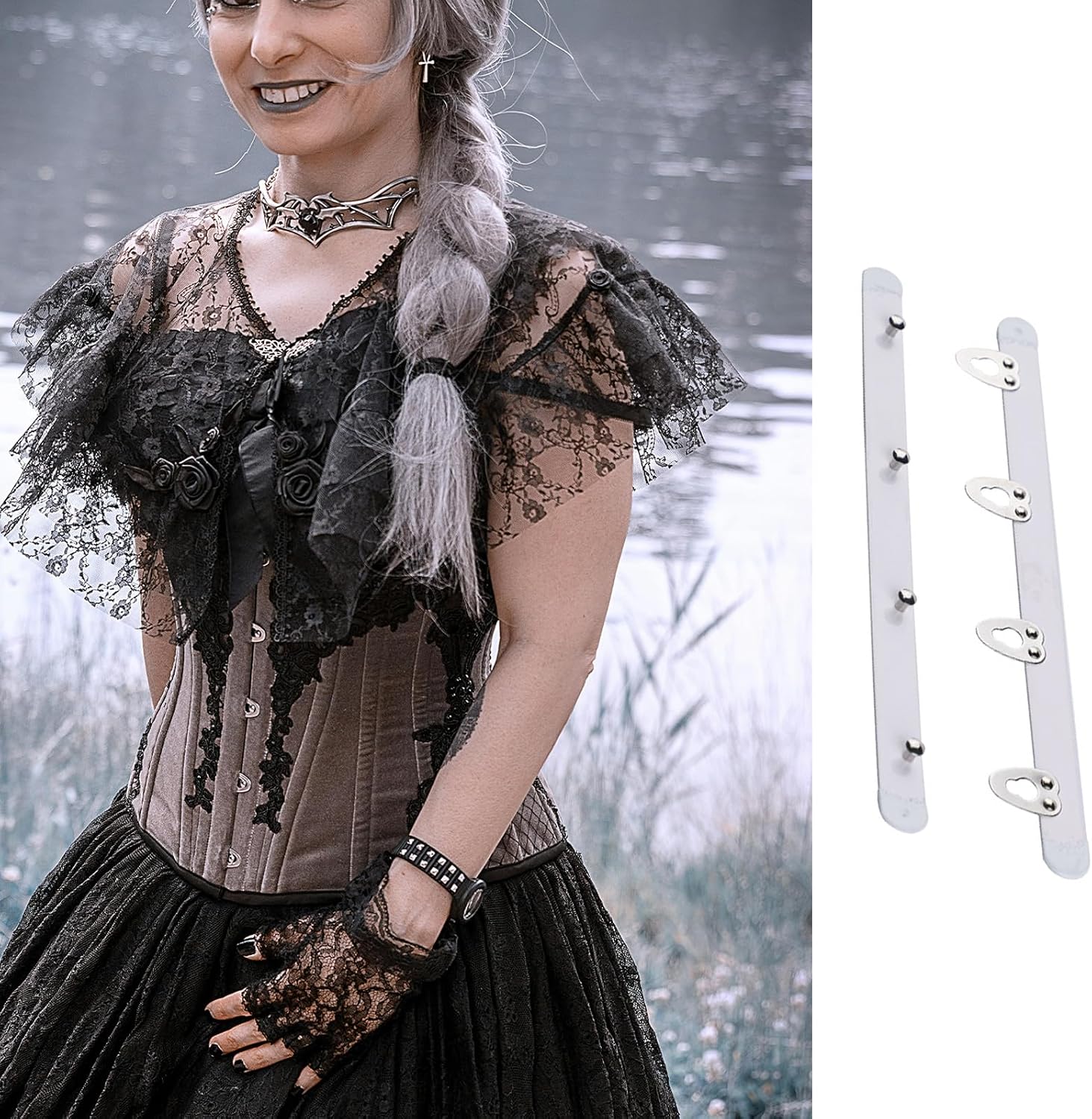 5 Sets Corset Busk Buttons, Corset Busk Steel Boning Support with Silver Buttons, Stainless Steel Spring Corset Busks for Womens Corsets, Bustier, Wedding Dress Sewing and Closure