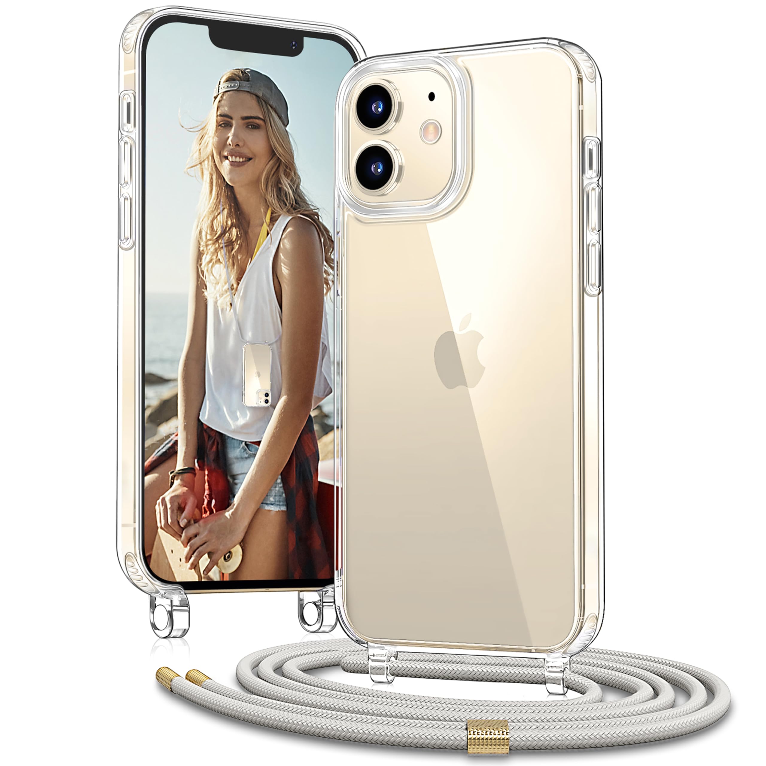 Vaykwo Handykette mit Band für Apple iPhone 12 Mini Hülle - Necklace Handyhülle - Transparente Case zum Umhängen mit Kameraschutz und Bildschirmschutz - Beige