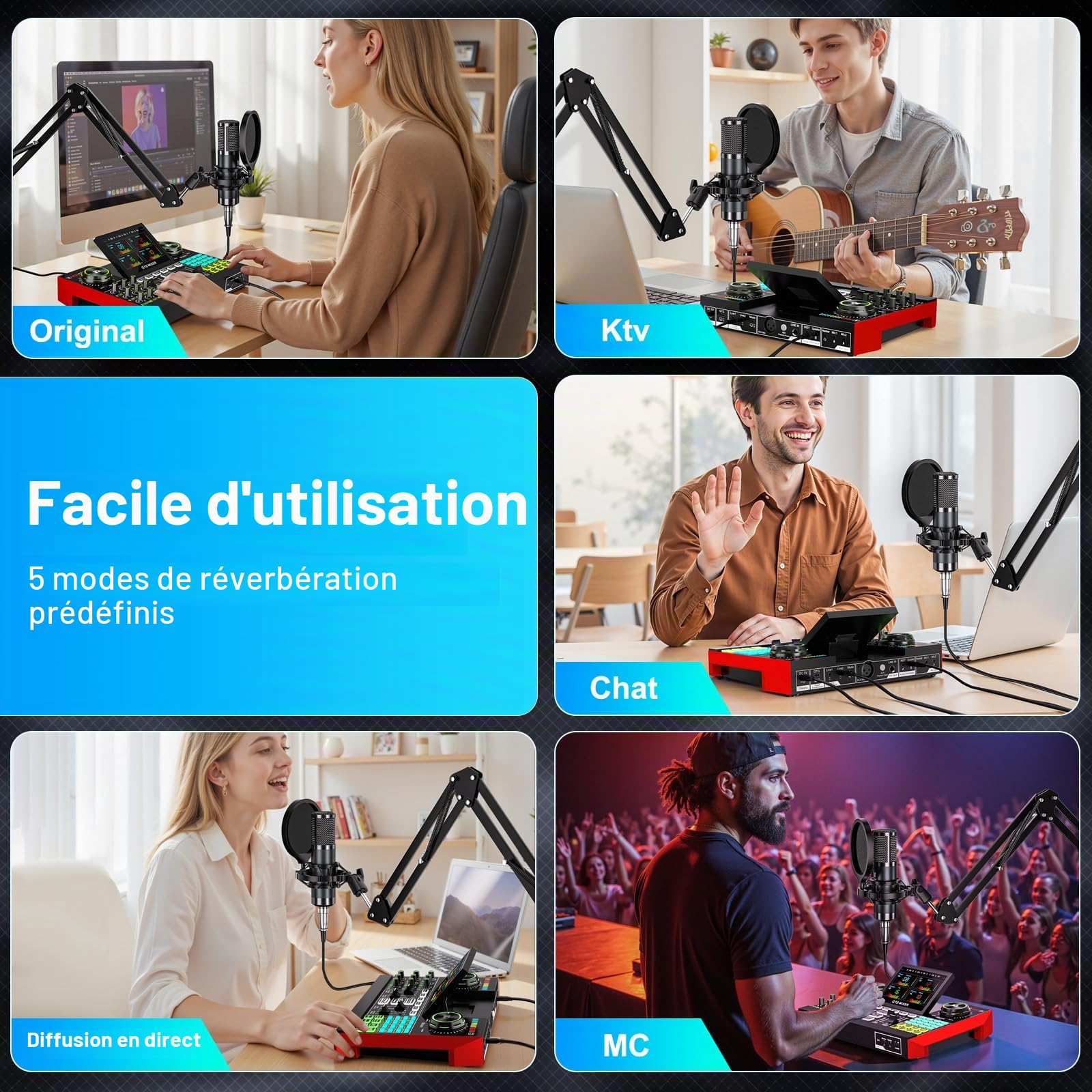 tenlamp Équipement Podcast avec Table de Mixage Audio et Microphone Condensateur 3.5mm, pour PC et Smartphone, Chant en Direct Live, Création de Contenu Gaming, Soundboard avec Changeur de Voix