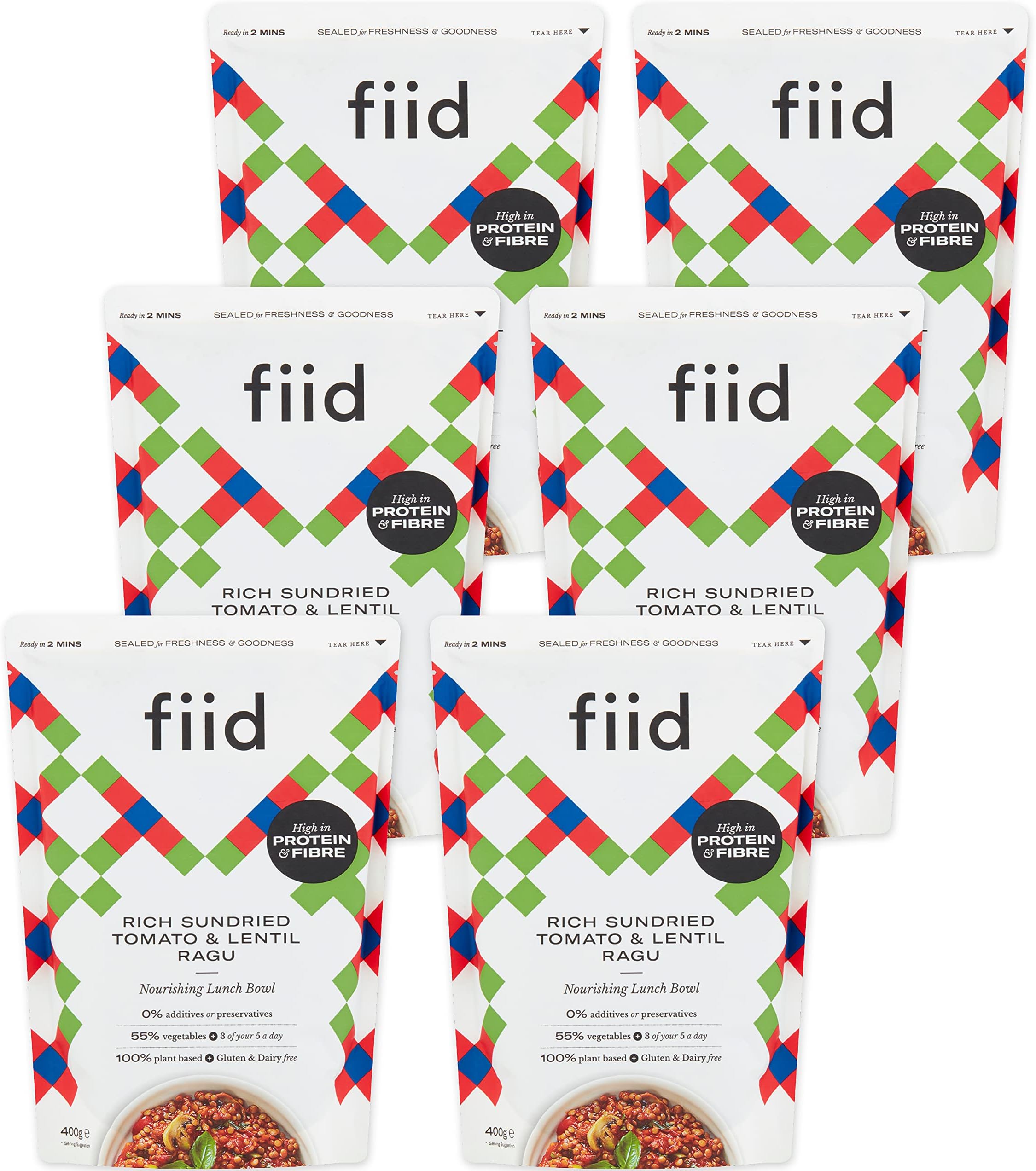 Fiid100% Natural Vegan Microwave Ready Meals - Italian Sundried Tomato & Lentil Ragu - 6 x 400g (Vegetarian Food Pouch, High in Fibre & Protein, Low in Sugar, Gluten Free, Fat Free)
