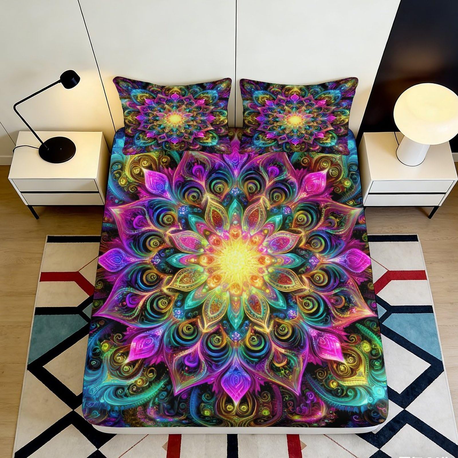 3D Printed Mandala Blossom Fitted Sheet Microfiber Colourful Lotus Bed Cover for Bedroom Dorm Decor Mattress Protection 90x200x25cm