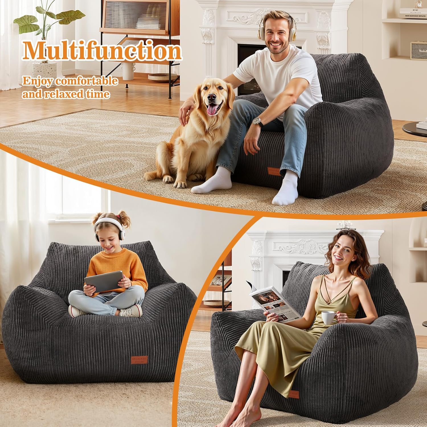 Big Bean Bag Chair for Adults, Ultra Soft Living Room Bean Bag with Armrests, Stuffed BeanBag Chair for Napping, Gaming, Vacuum-Compressed for Easy Gifting, 48 Hours to Fluffs Up, Dark Gray - Image 4
