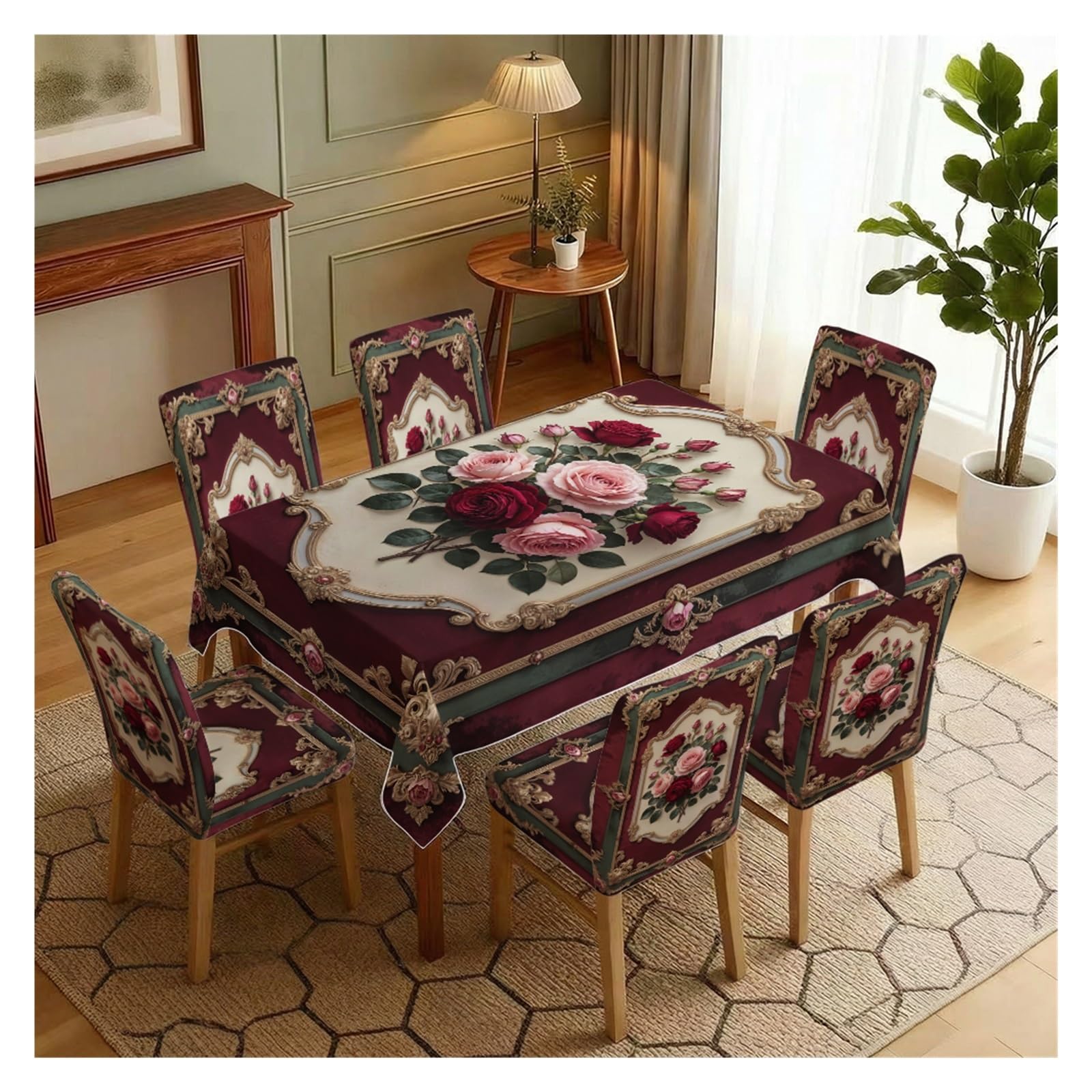 BOSUYBN Vintage Victorian Red Pink Rose Baroque Frame Dining Tablecloth & Chair Covers Set, 5/7 Piece Royal Luxury Elegant Farmhouse Dining Decor Table Setting(7pcs Set: Tablecloth+Chair Covers)
