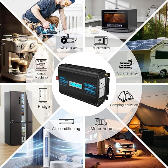 GIANDEL 2000W Power Inverter DC 12V to AC 240V Pure Sine Wave | 4100W Surge Peak for 2s Aluminum housing with LCD Display Type-C 36W fast charging for Motorhome Solar Truck Camping boat