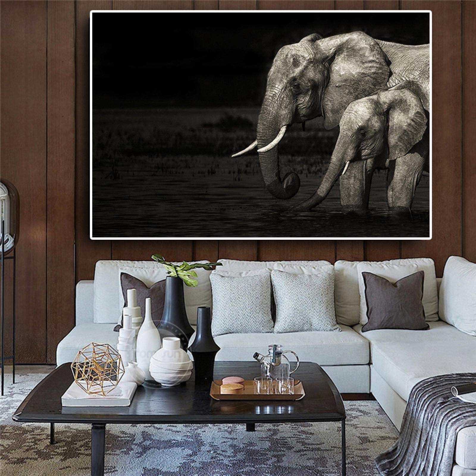 Éléphant d'Afrique toile peinture noire et blanche poster moderne 60x80cm