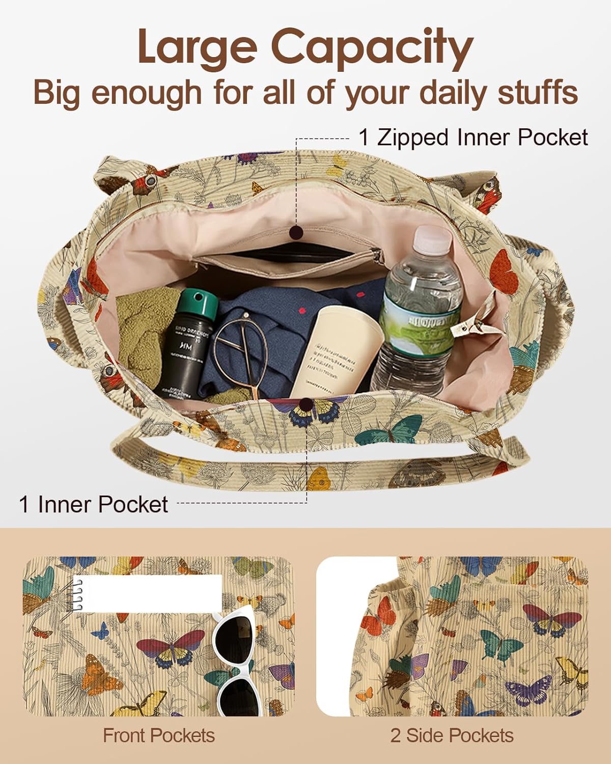 Large Corduroy Tote Bag for Women - Cute Shoulder Reusable Canvas Bags with Zipper Multi-Pocket for School - Image 5