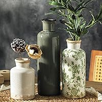 OOIT Vintage Ceramic Vase Set of 3 - Chinoiserie Floral Crackle Glaze Farmhouse Boho Decor for Table Shelf Mantel - Green Beige