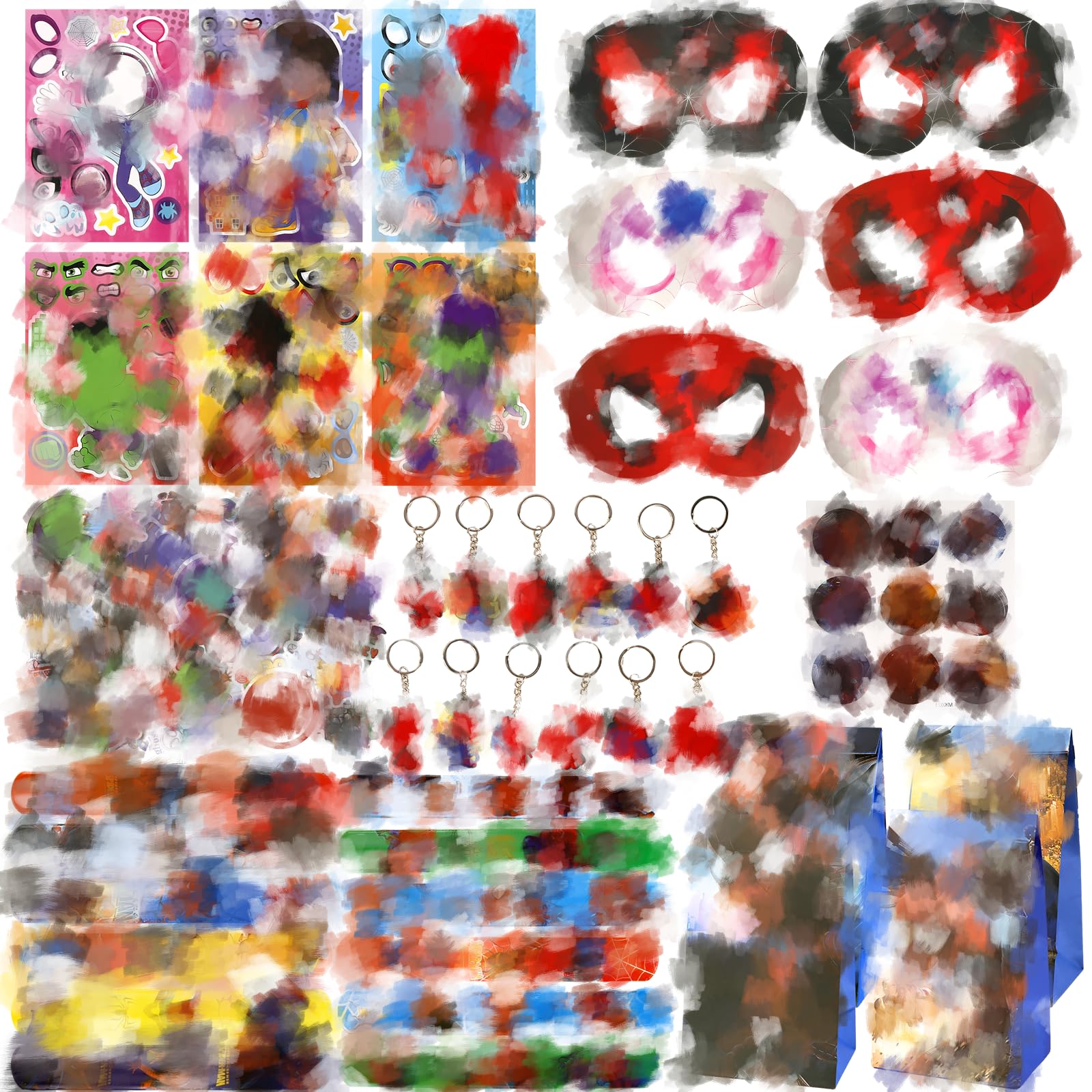 Ainvliya 128PCS Mitgebsel Kindergeburtstag, Geburtstag Deko Party Mitgebsel Party Deko Kindergeburtstag Schlüsselschnalle DIY Aufkleber Maske Geschenktüten Schnapparmband Kinder Gastgeschenk Sticker