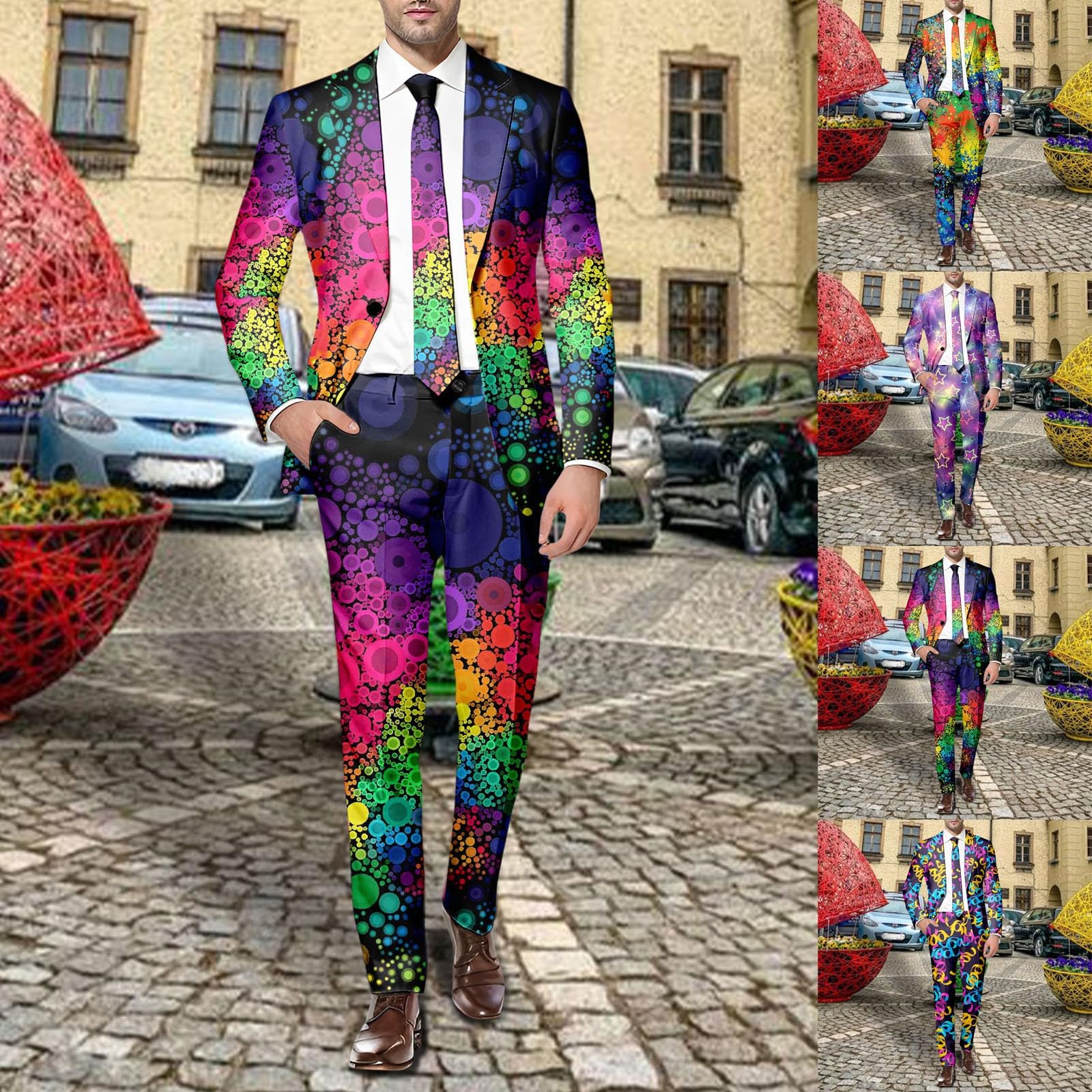 Anzug Kostüm Herren Lustiger Masken Anzug Prom Suits Party Jacke und Hose 2 Teilig Set Karneval Mottoparty kostüm Faschingskostüme mit Bunten Drucken 60er Jahre Pop Art Style Outfit