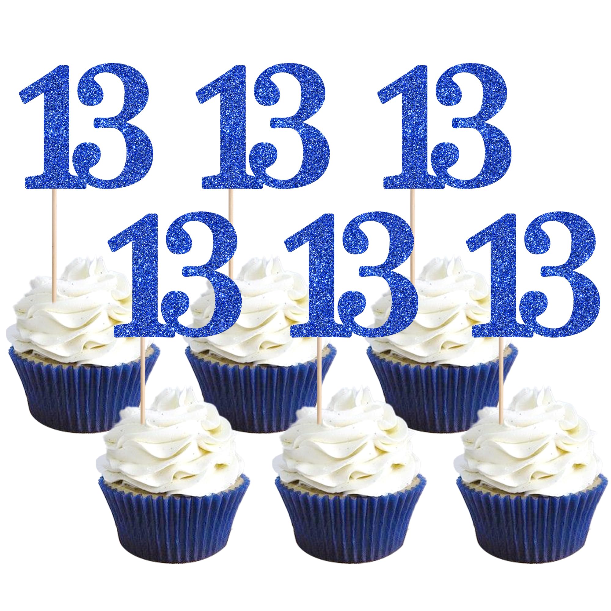 Xsstarmi 36 Pack Number 13 Cupcake Toppers Glitter Cheers to 13 Years Birthday Cupcake Picks Decoration for Happy 13th Birthday Wedding Anniversary Party Cake Decorations Blue