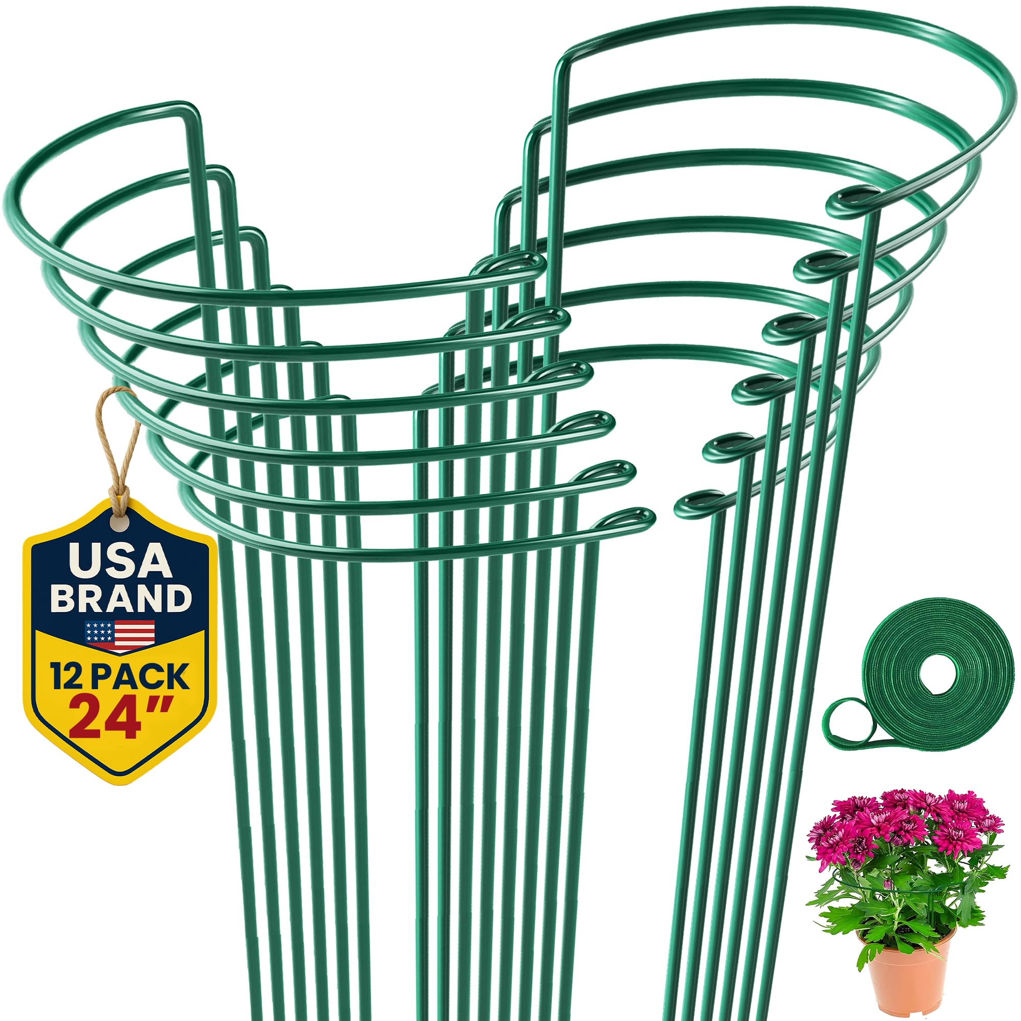 12 Pack Tall Snake Plant Support Stakes – 10" W x 24" H Half Round Peony Cages and Supports for Indoor and Outdoor Plants – Plant Cage Ring Support for Flower - Peony, Tomato, Hydrangea, Rose Bush