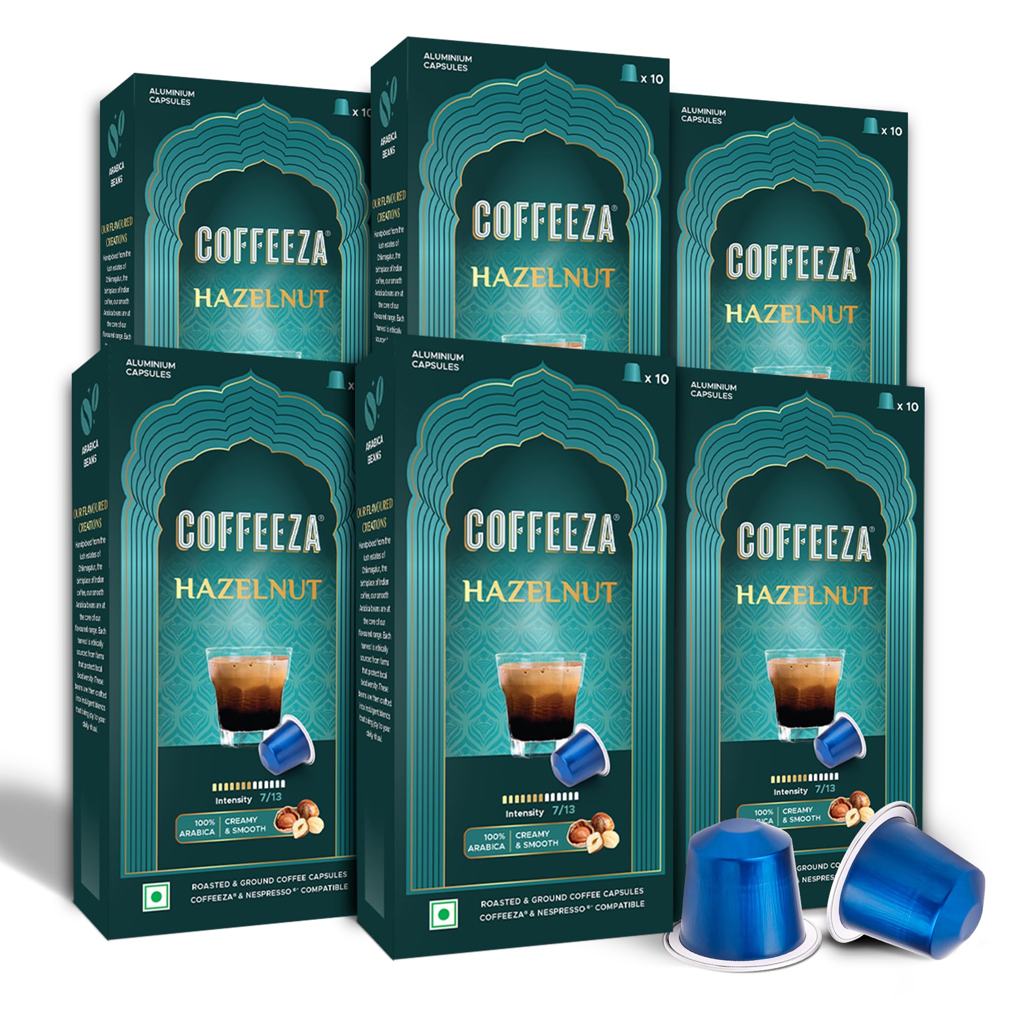 - Coffeeza Hazelnut Flavoured Aluminium Coffee Capsules, Arabica, Medium Roast, Coffee Pods for Machine, Espresso, Box of 6 (60 Capsules)