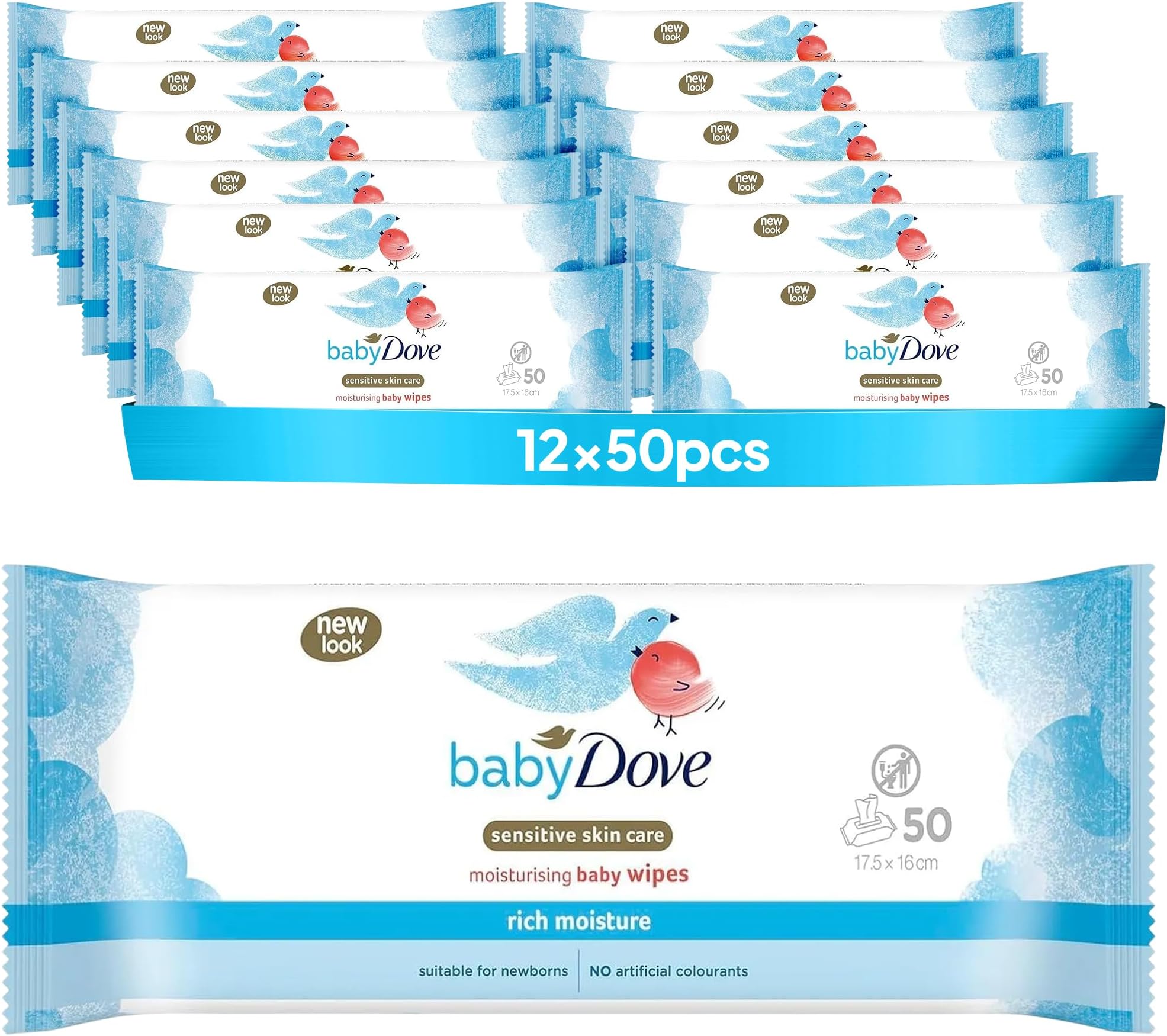 Sensitive Skin Care Baby Wipes, Rich Moisture - Soft Cleansing, Moisturising & Gentle Wet Tissue for Newborns & Infants, Perfect for Nursery & Travel Essentials, Resealable - Pack of 12