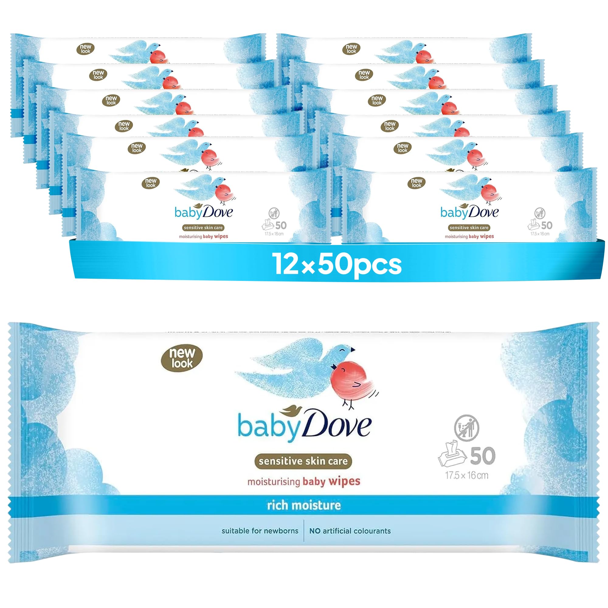 Sensitive Skin Care Baby Wipes, Rich Moisture - Soft Cleansing, Moisturising & Gentle Wet Tissue for Newborns & Infants, Perfect for Nursery & Travel Essentials, Resealable - Pack of 12