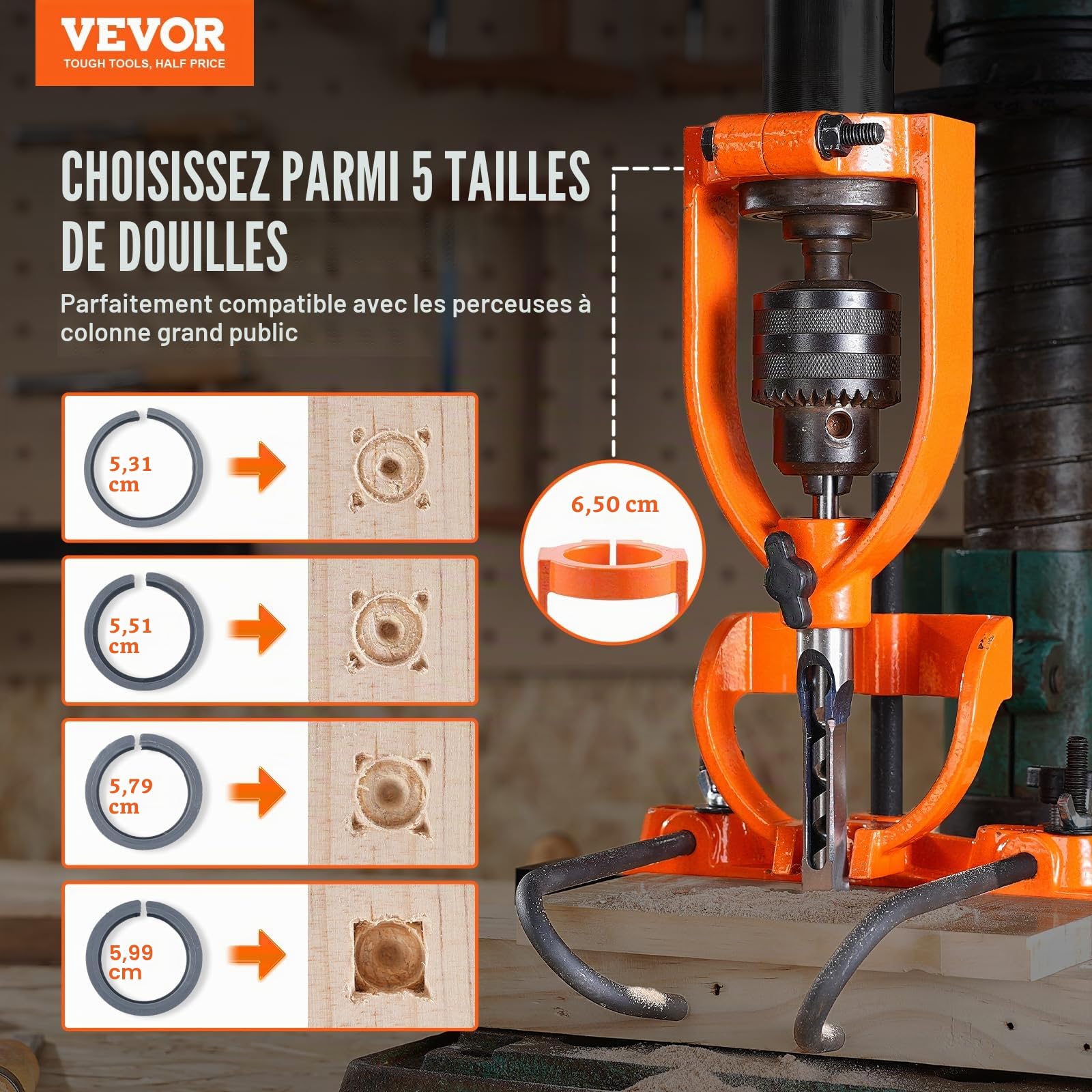 VEVOR Fixation à mortaiser pour perceuse à colonne, 4 forets, kit burins à trous carrés, ensemble de localisateur de forets d'établi, outils à mortaise et tenon avec 5 bagues, pour le travail du bois
