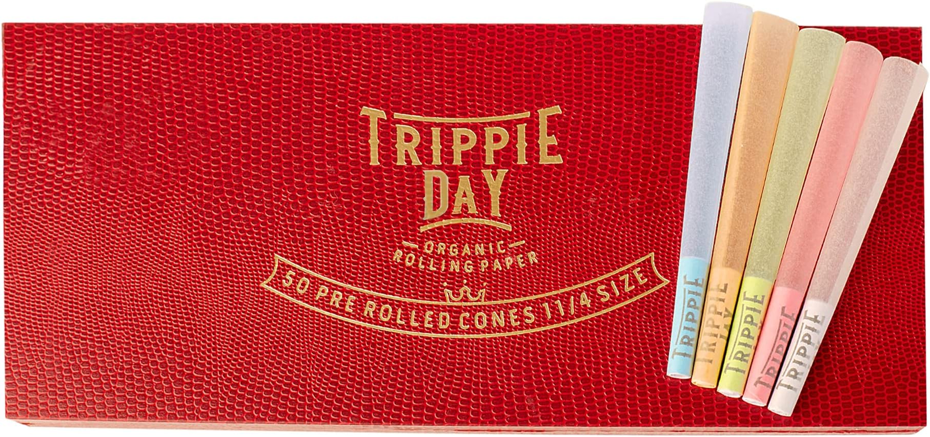 Trippie Day Slow burning 84mm Packaged for gifting in a red rigid box 1 1/4 Pre rolled cones, 50 Pack. 10 of each color.