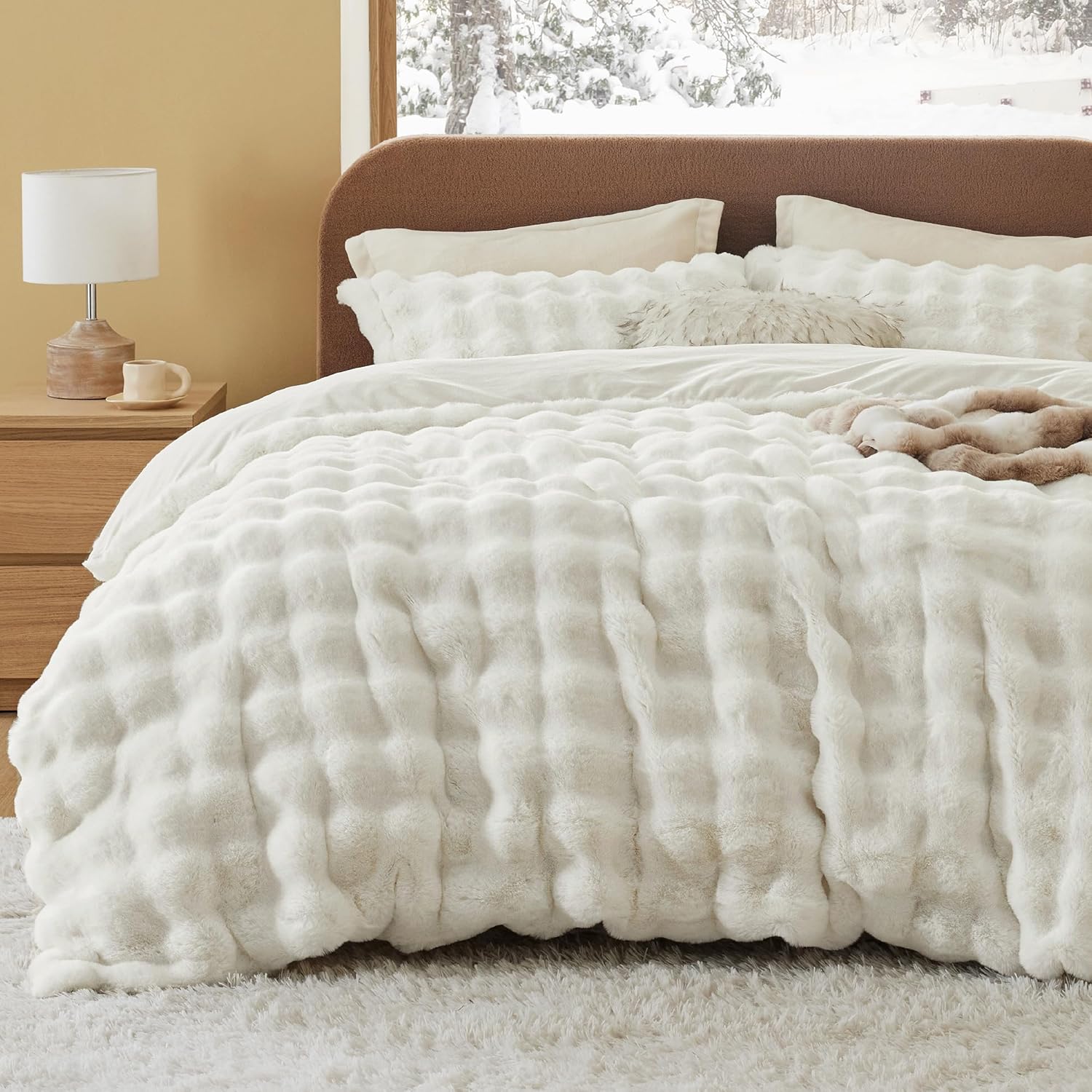 Bedsure Luxurious Faux Fur Duvet Cover King Size Set - Ultra Soft & Fluffy & Cozy & Warm - Elegant Shaggy Bubble Design Bedding with Duvet Cover and Pillow Shams, Coconut White King (104" x 90") 05 - Coconut White (No Comforter)