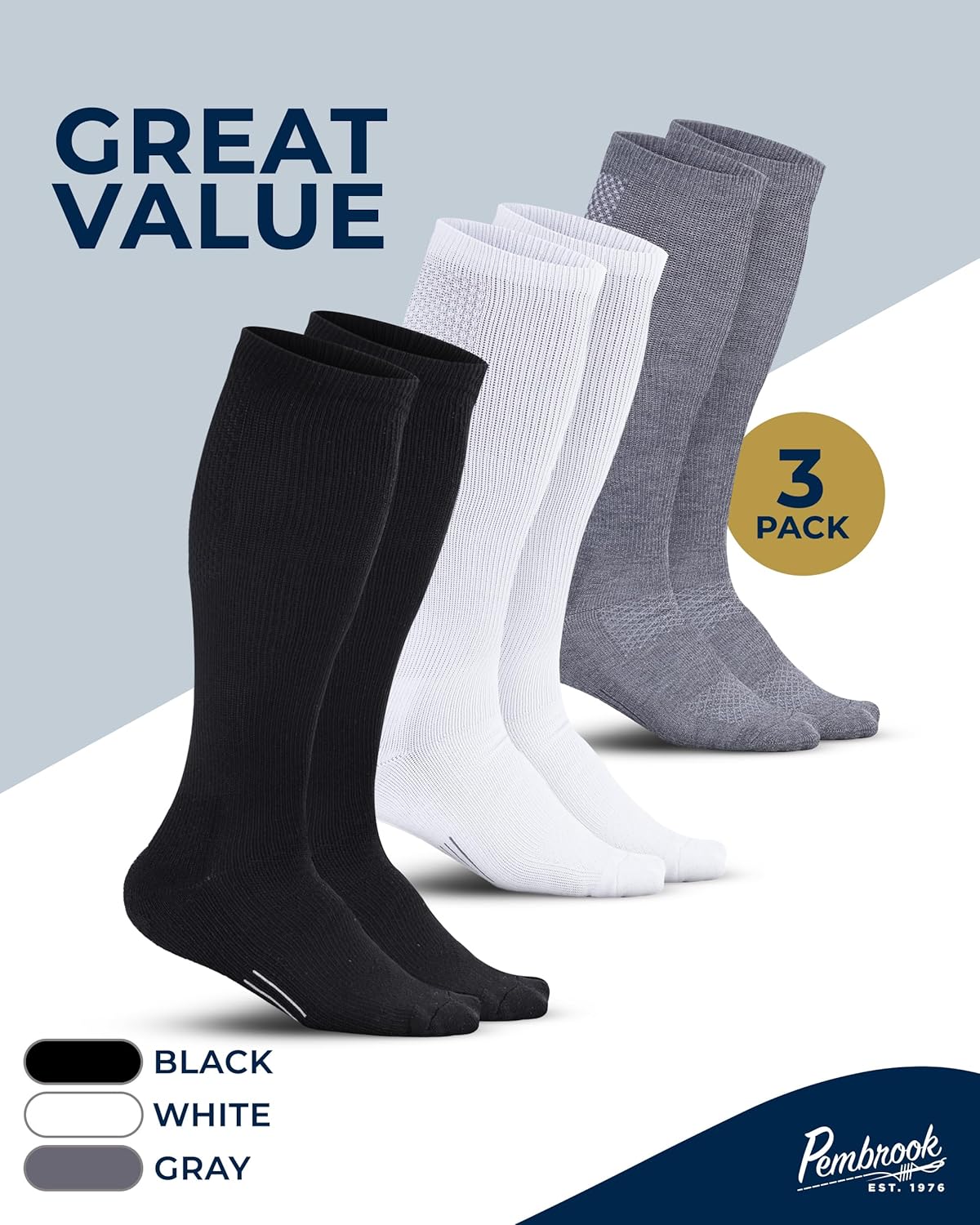 Pembrook Light Compression Socks for Men & Women - 3 Pairs | 8-15 mmhg Compression Dress Socks for Men | Support Socks - Image 5