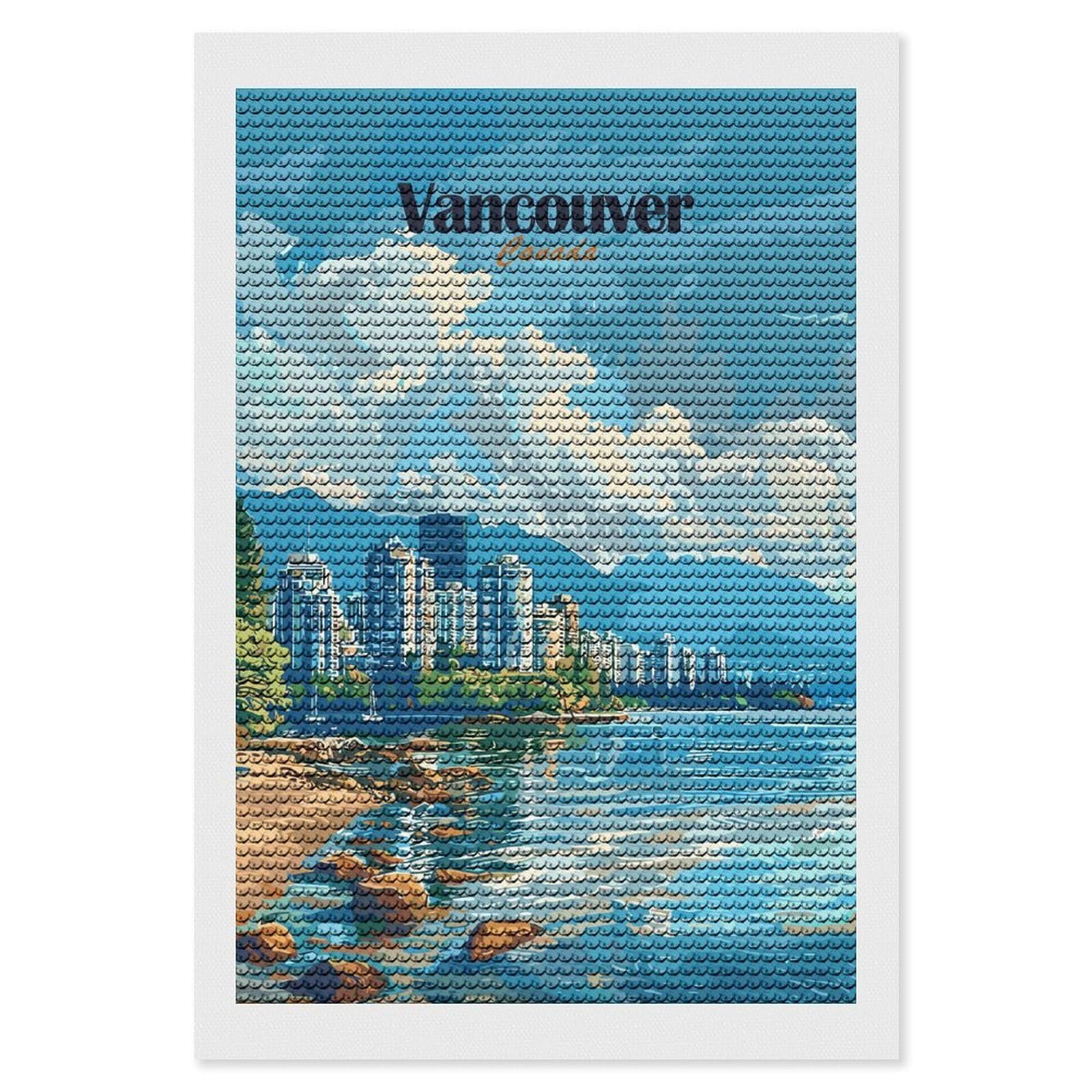 Junmoney Vancouver Canada Cityscape Art Diamond Painting Canvas Kit 8"x12", Adhesive Canvas, Living Room Decor, Farmhouse Decor, Winter Craft