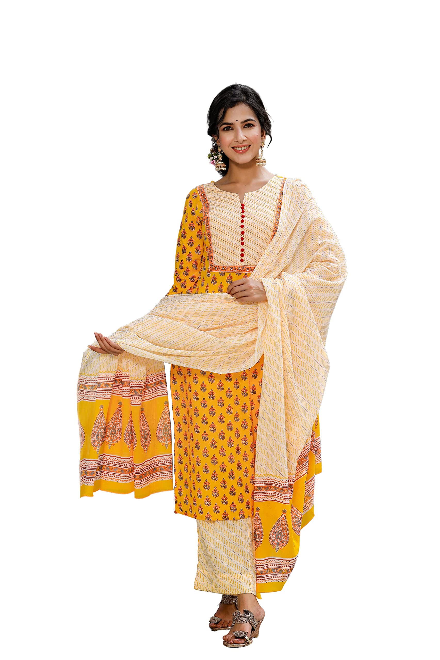 Vaamsi Women's Rayon Blend Ethnic Motifs Printed Straight Kurta Palazzo With Dupatta (VKSKD1042_Yellow_XL)