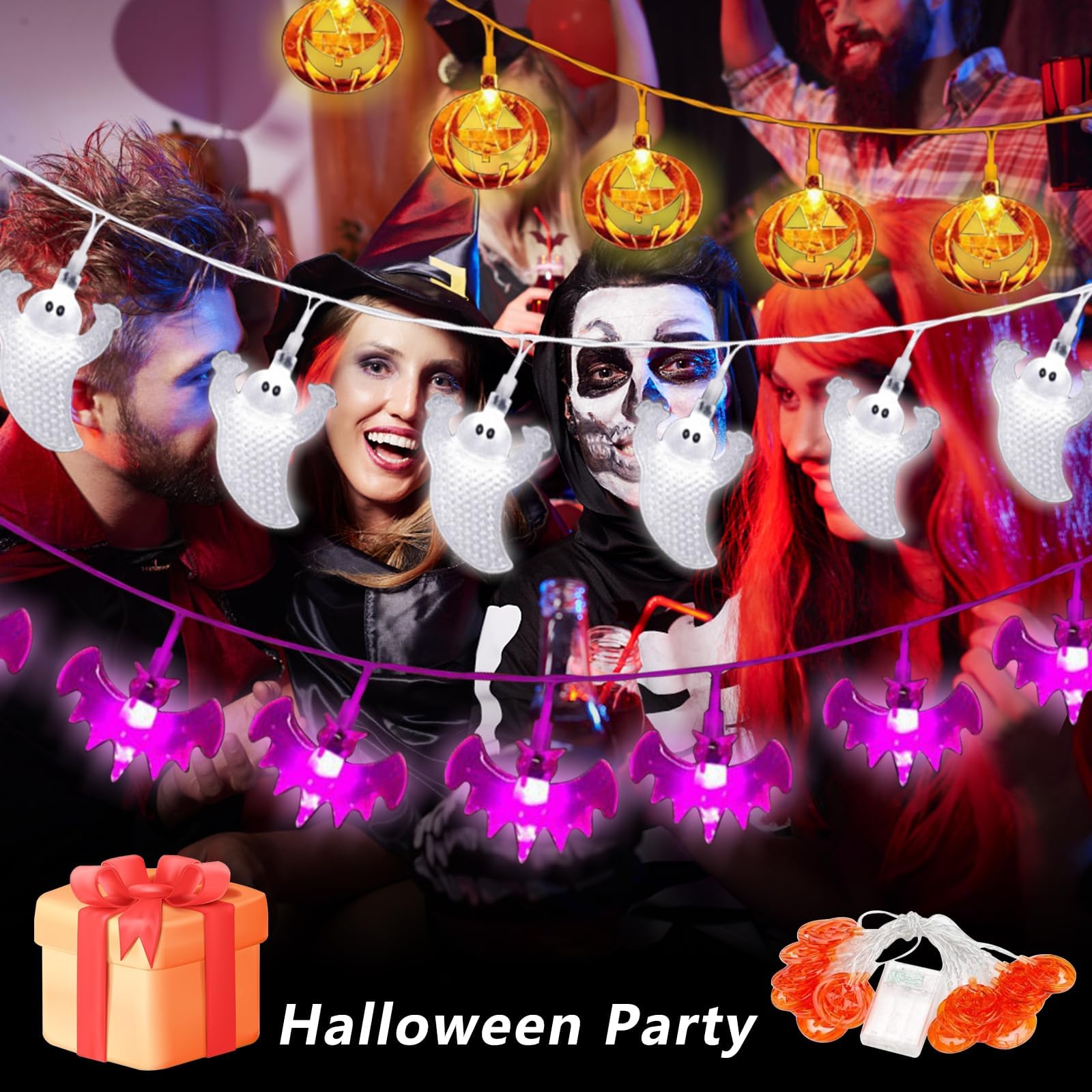 Luci Decorative Halloween – Stringa 3m Con 20 LED A Forma Di Zucca, Fantasma E Pipistrello. Alimentazione A Batteria, IP65.
