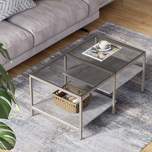 HOMOOI Glass Wood Coffee Table, Modern Gray Coffee Table with 2 Tier Storage Shelf, Rectangular Center Table with Metal Frame for Living Room, 40"