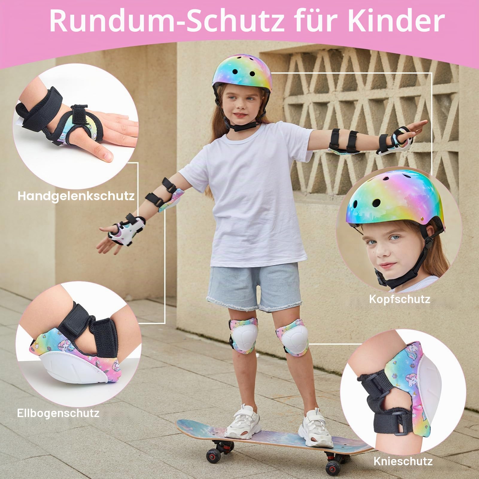 Unicorn Castle Kinder Helm Knie Ellenbogen Handgelenk Pads Verstellbare Knieschoner Ellenbogenschoner Handgelenkschoner Skateboard Helme für Radfahren Skating Mädchen, 3-8 Jahre