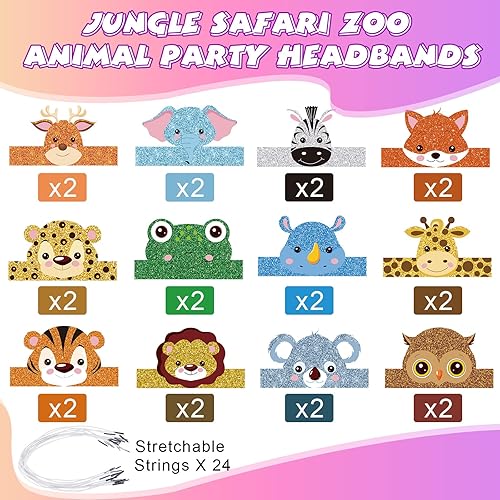 Miniatura 9 de 24 sombreros de fiesta de cumpleaños de animales, diademas de animales de safari de la selva, corona de papel para niñas y niños (animales surtidos)