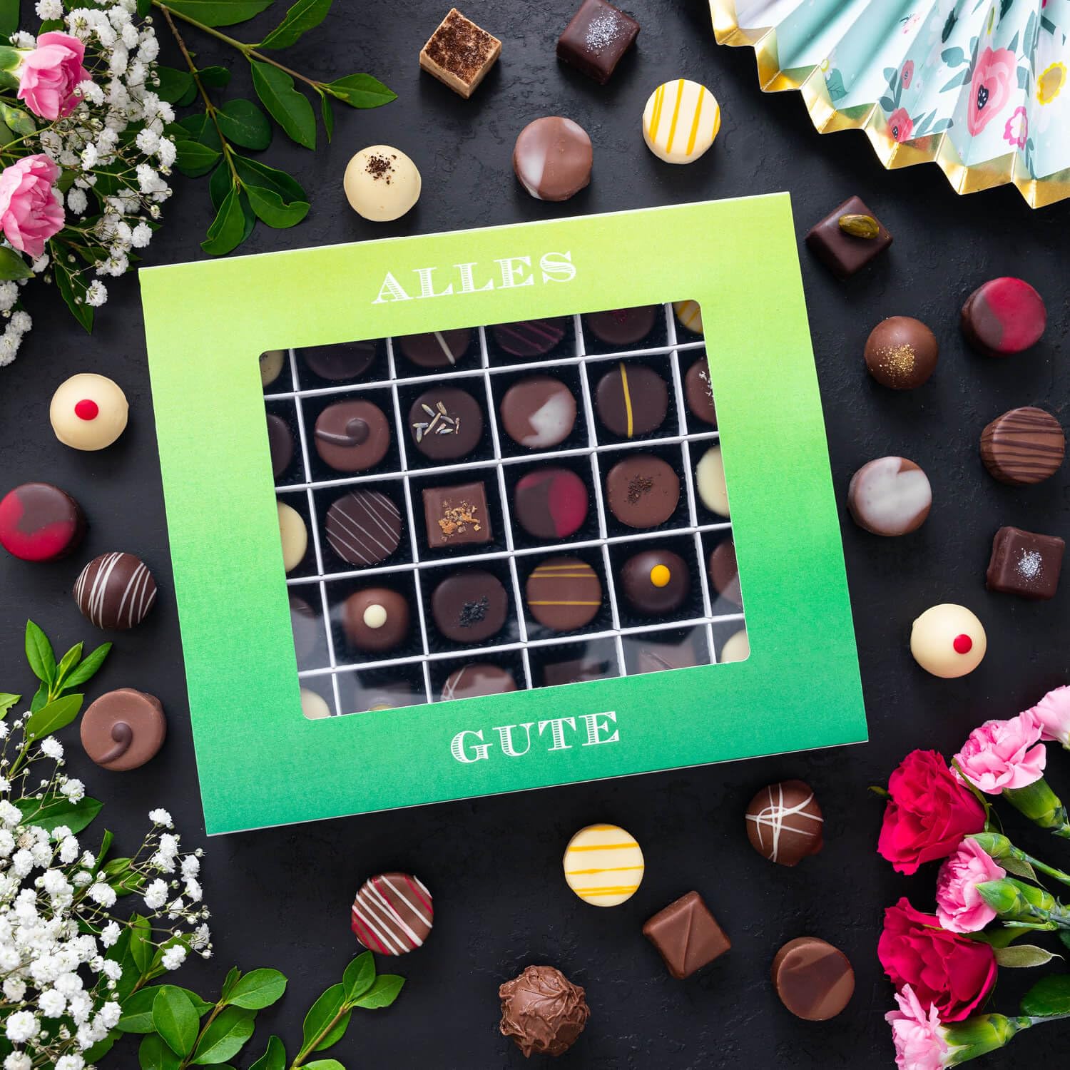 Hallingers Genuss Manufaktur Pralinen Glückwunsch-Geschenk - ohne Alkohol, handmade aus Confiserie-Edelkakao in wertiger XXL-Geschenkbox ""Alles Gute"", Geschenkidee für Frauen Männer