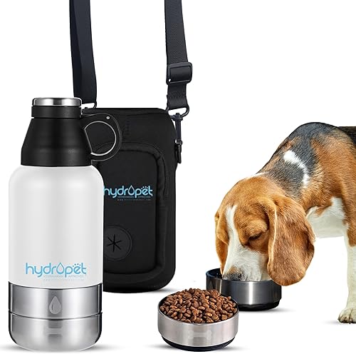 Hydropet Botella de agua portátil para perros (32 onzas), botellas aisladas de viaje para perros y gatos, acero inoxidable, cuenco de comida