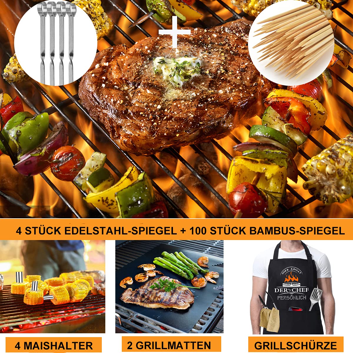 MUJUZE 21 szt. akcesoriów do grillowania, bardzo gruby zestaw do grillowania ze stali nierdzewnej, zestaw do grillowania z fartuchem, idealny na Dzień Ojca, urodziny, Boże Narodzenie i nie tylko